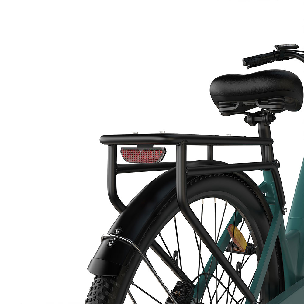 Vista trasera de una bicicleta verde azulado que muestra el sillín, portaequipajes negro, guardabarros y neumático.