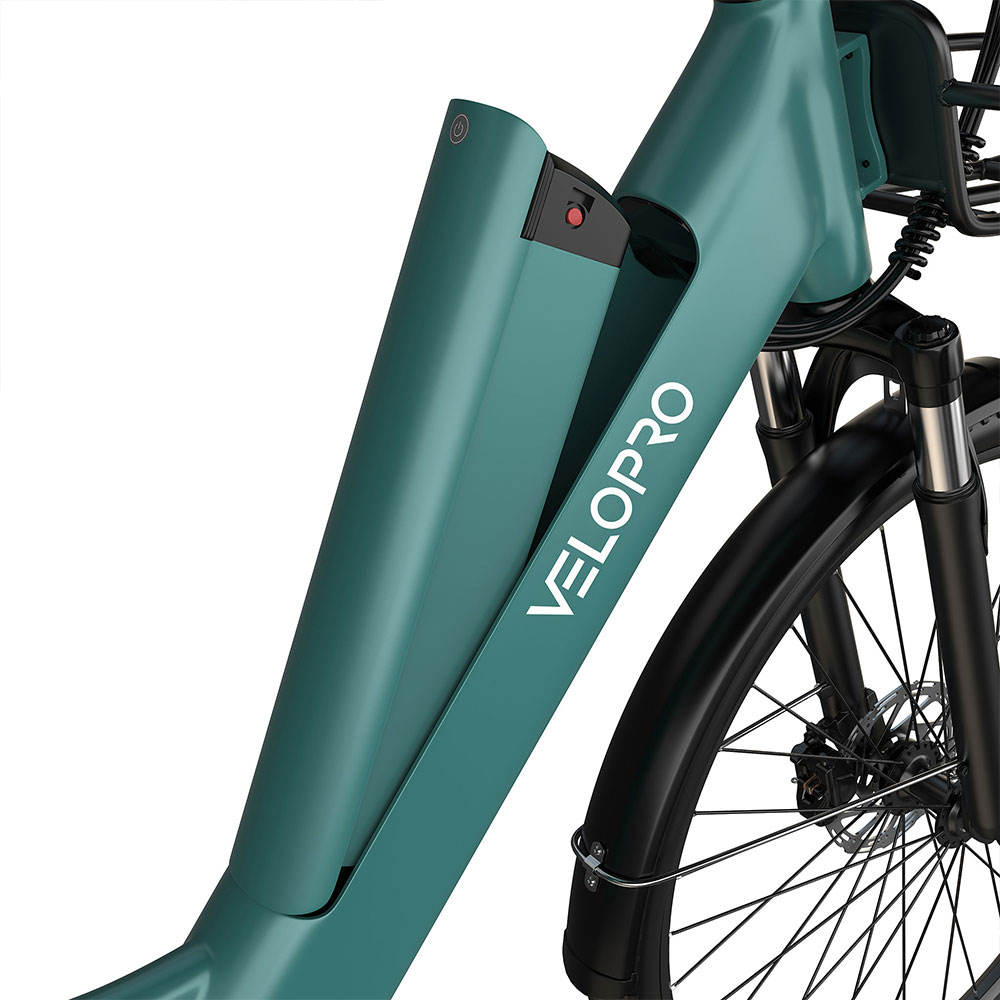 Bicicleta eléctrica verde Velopro con batería extraíble y horquilla.