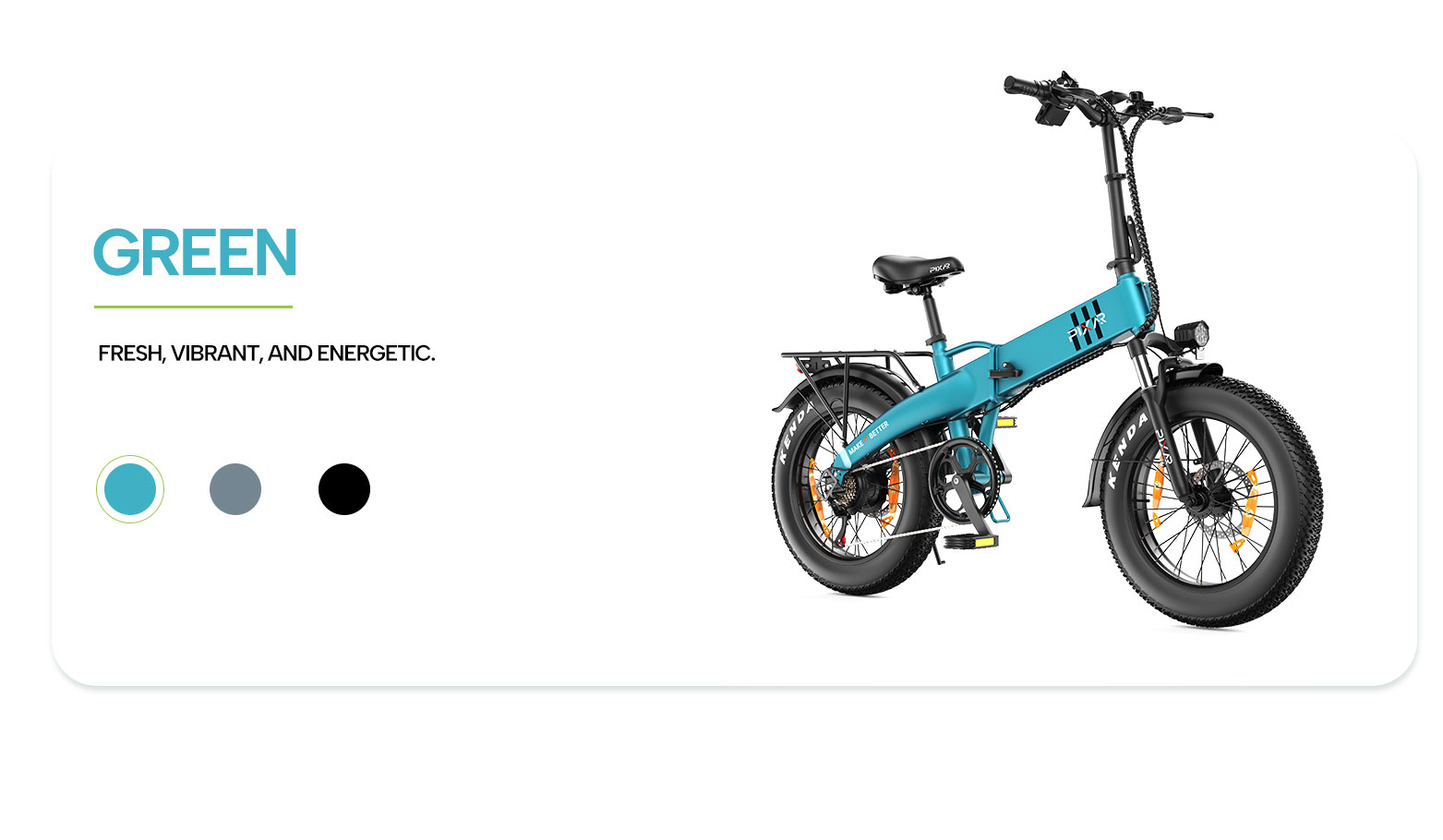 Una bicicleta eléctrica turquesa con neumáticos gruesos, portaequipajes y texto a la izquierda.