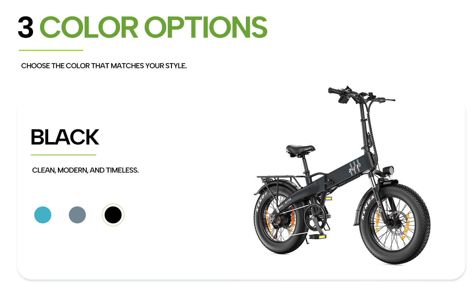 Una bicicleta eléctrica plegable negra con neumáticos gruesos sobre fondo blanco, con tres opciones de círculos de colores.