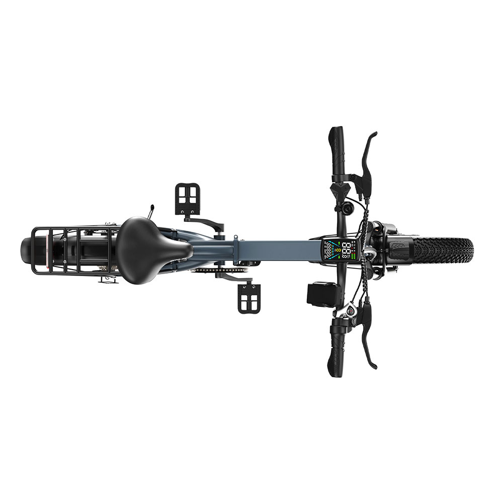 Vista superior de una bicicleta eléctrica gris con portaequipajes, pantalla digital y neumáticos anchos.
