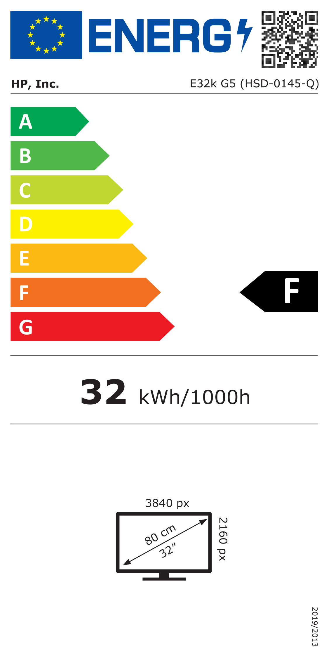 Etichetta energetica UE per monitor HP E32k G5, classe F, 32 kWh/1000h, 3840x2160 pixel, diagonale schermo 80 cm.