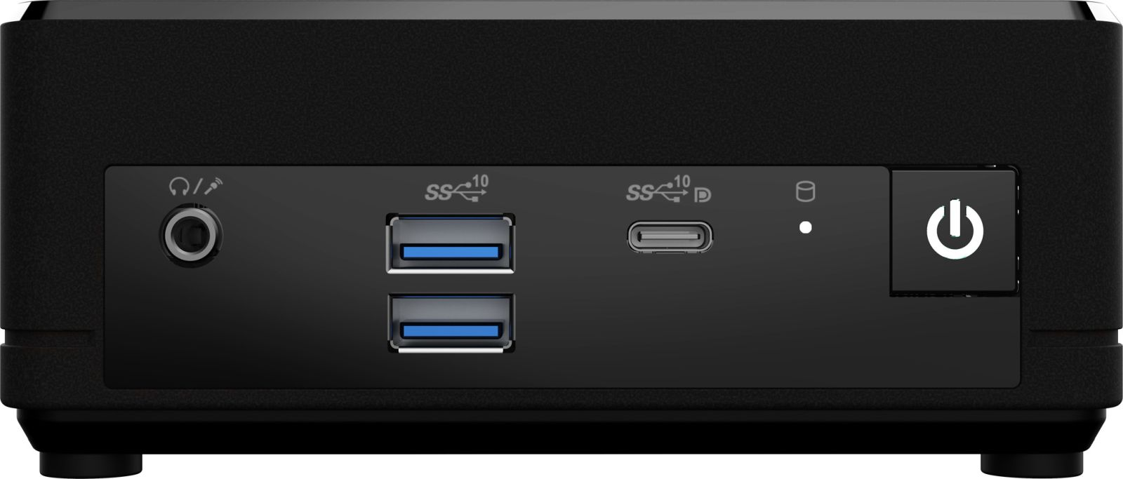 Pannello frontale di un mini PC nero con jack audio, porte USB-A e USB-C e pulsante di accensione.