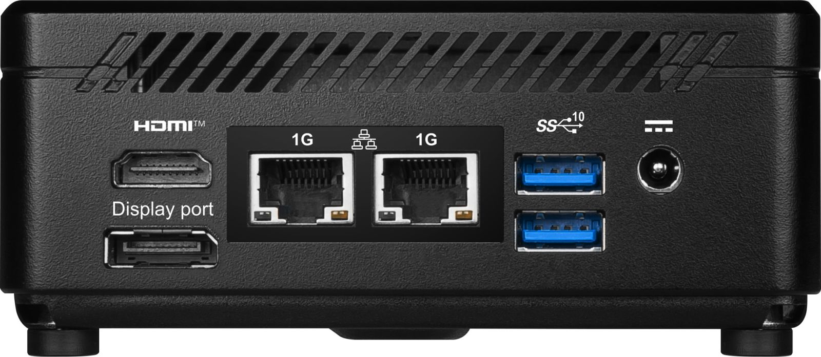 Pannello posteriore di un mini PC nero con HDMI, DisplayPort, due porte LAN, due USB 3.0 e presa di alimentazione.