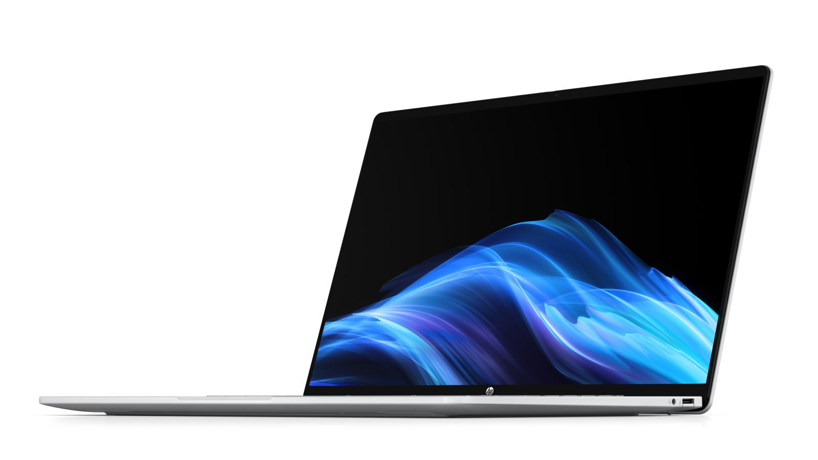Ein schlanker silberner Laptop ist auf einer weißen Oberfläche geöffnet und zeigt ein lebendiges blaues abstraktes Wellenhintergrundbild.