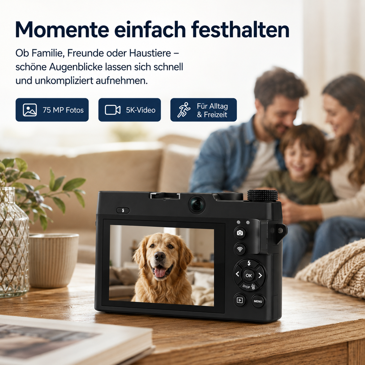 Eine schwarze Digitalkamera liegt auf einem Tisch, im Hintergrund eine glückliche Familie.