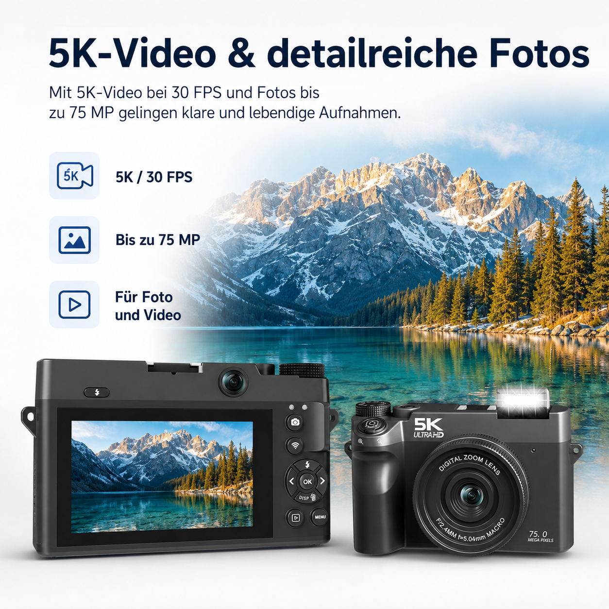 Eine schwarze Digitalkamera vor einer Berglandschaft mit Text für 5K-Video und detailreiche Fotos.
