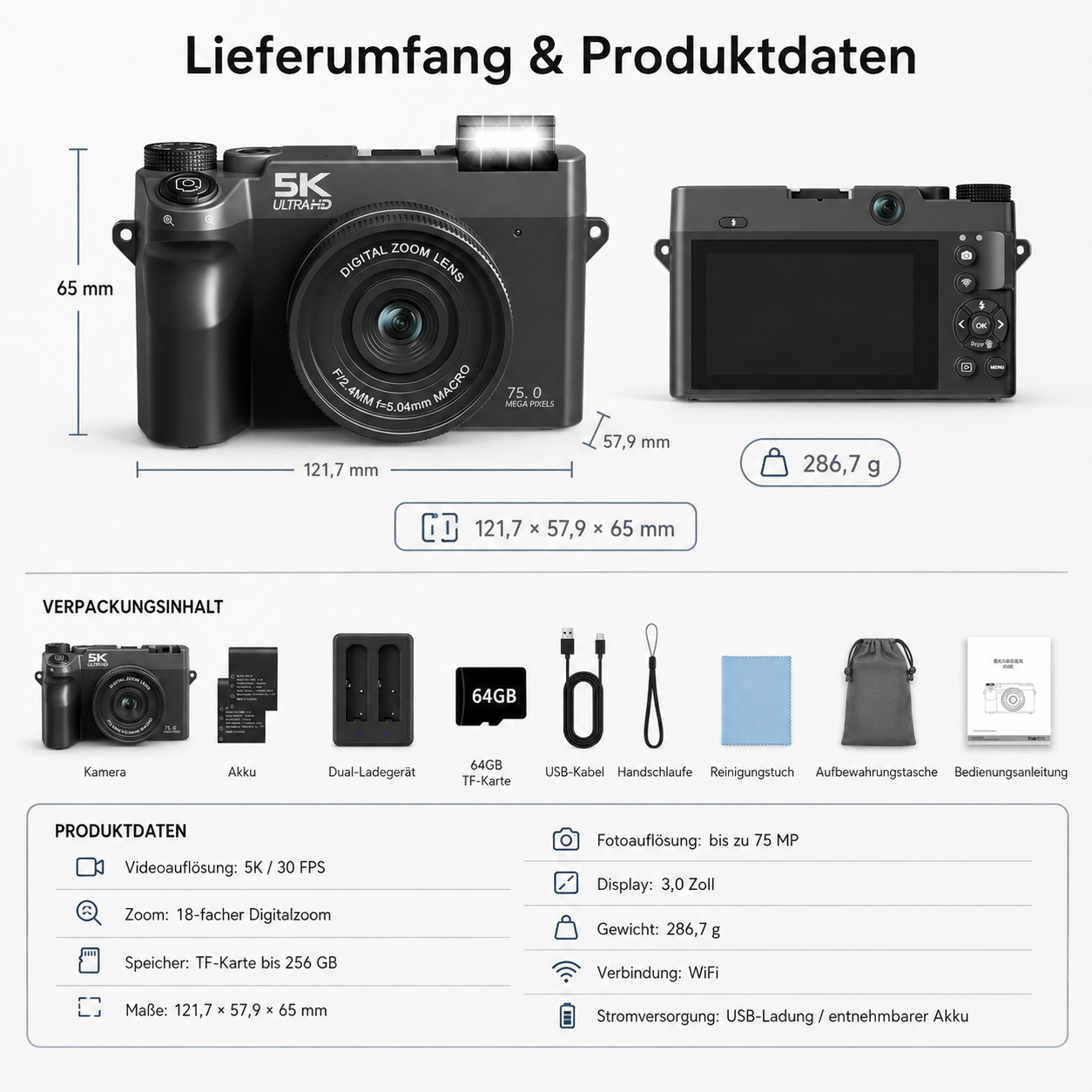 Vorder- und Rückansicht einer 5K-Digitalkamera mit Abmessungen, Gewicht und Zubehör.