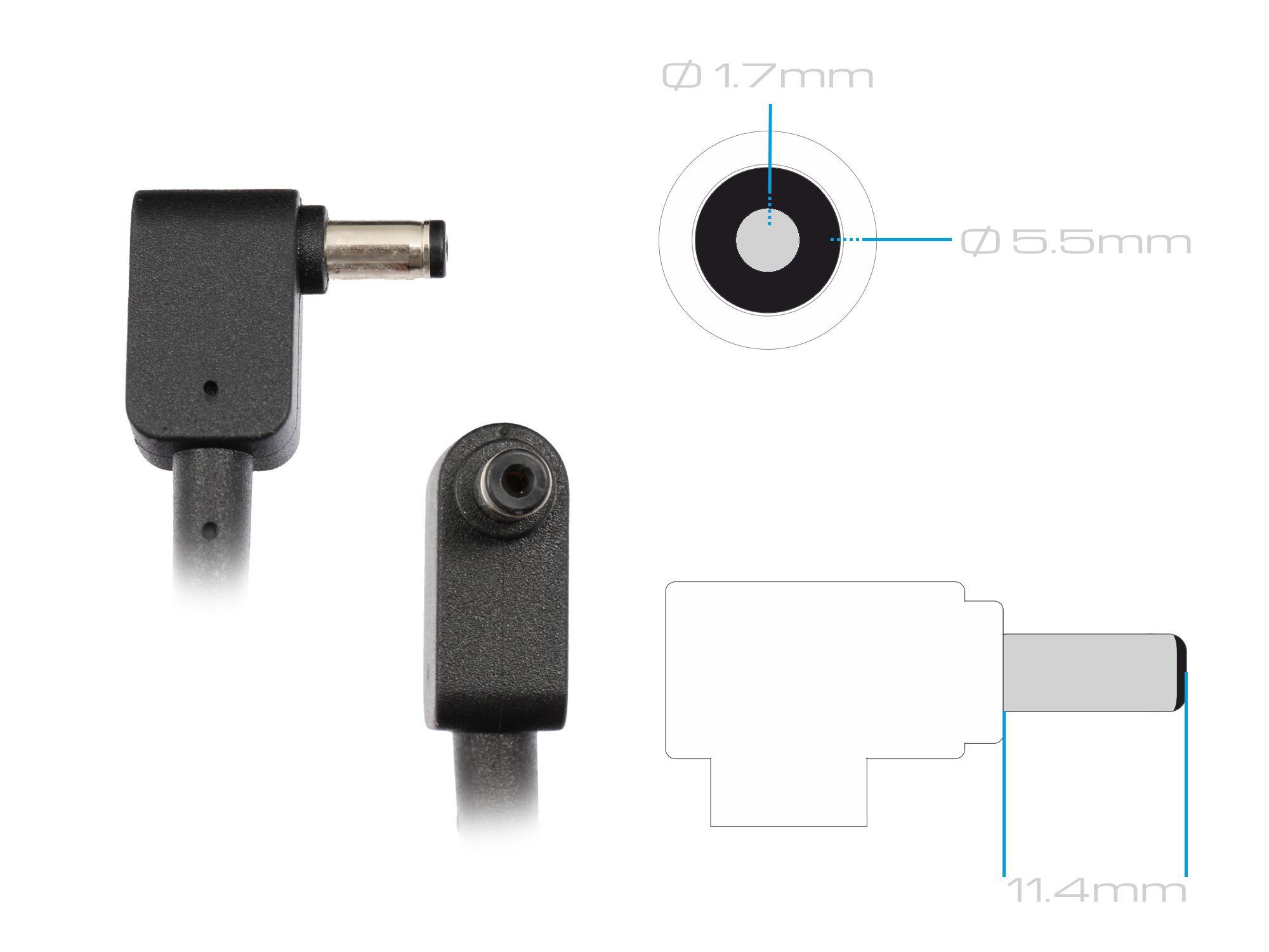Winkel-DC-Netzstecker mit Maßangaben: 5,5 mm Außen- und 1,7 mm Innendurchmesser sowie 11,4 mm Länge.