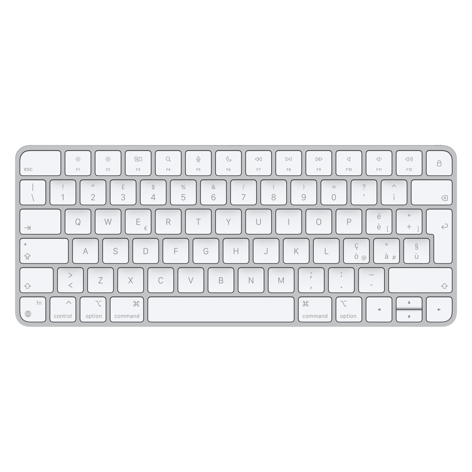 Eine kompakte, weiße kabellose Tastatur mit flachen Tasten und abgerundeten Ecken auf weißem Hintergrund.