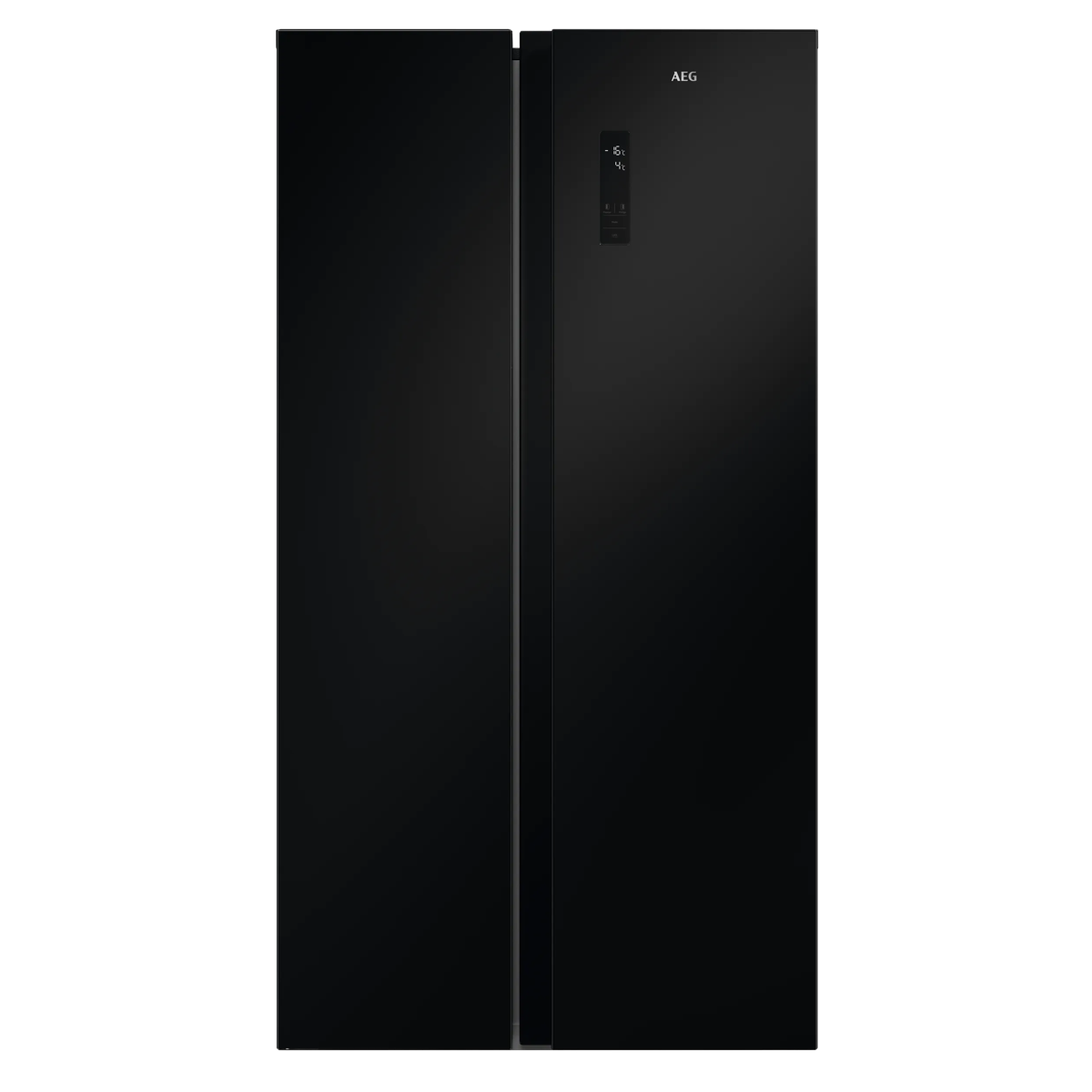 Un refrigerador negro AEG de dos puertas con pantalla digital sobre fondo negro.