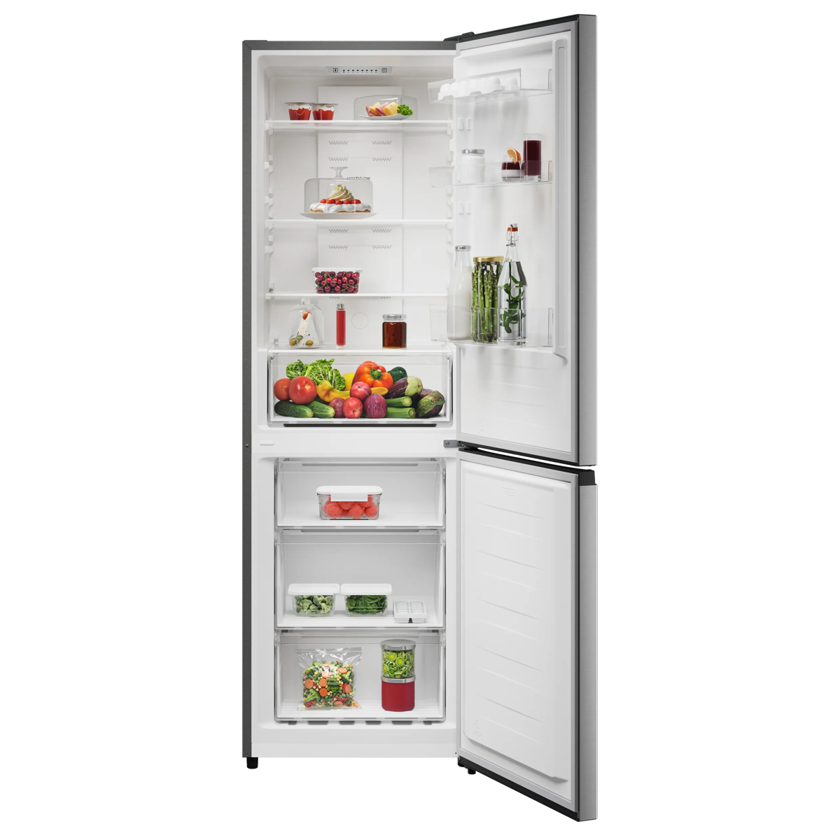 Un refrigerador blanco abierto lleno de verduras frescas, bayas, frascos y alimentos en los estantes.
