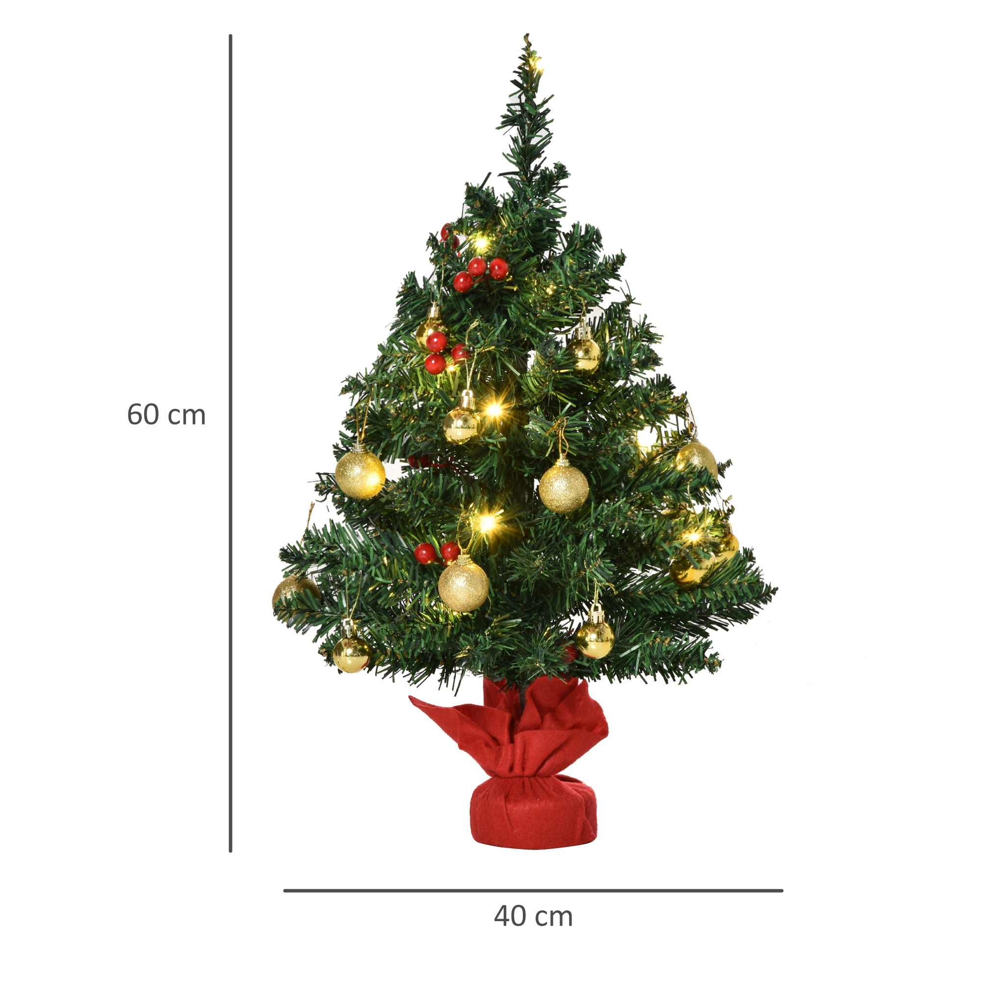 Árbol de Navidad artificial de 60 cm con bolas doradas, bayas rojas y luces, envuelto en tela roja.