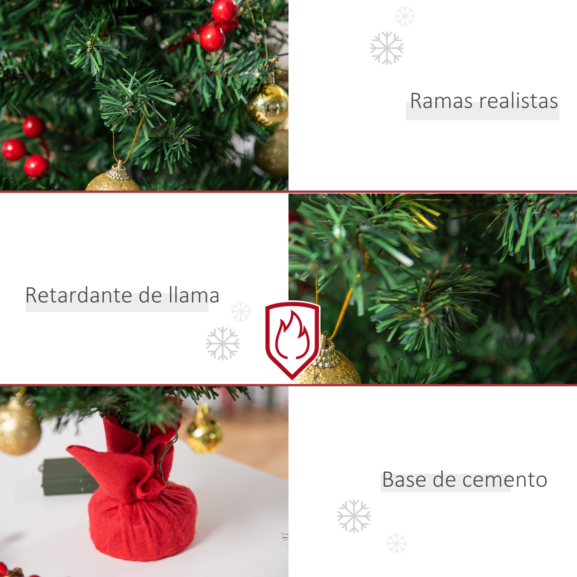 Árbol de navidad con ramas realistas, retardante de llama y base de cemento.