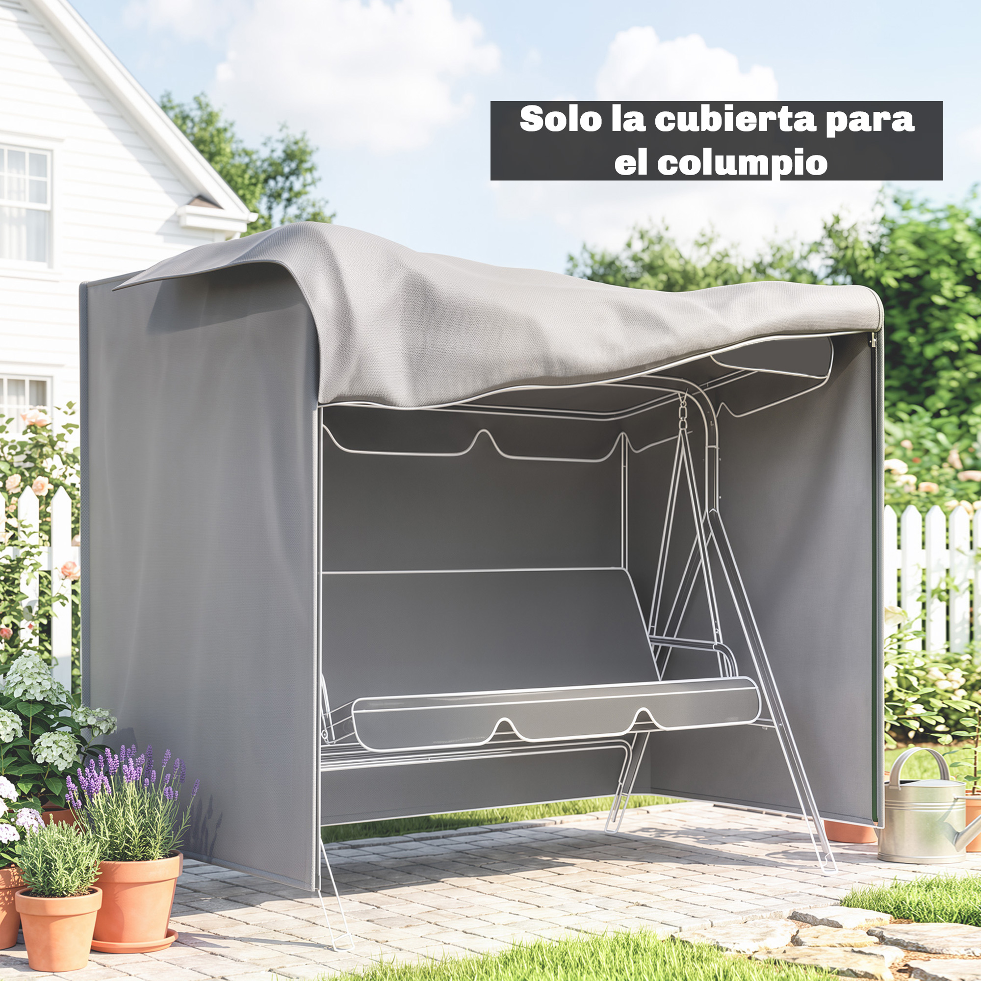 Cubierta gris para columpio de jardín, con una casa blanca al fondo.