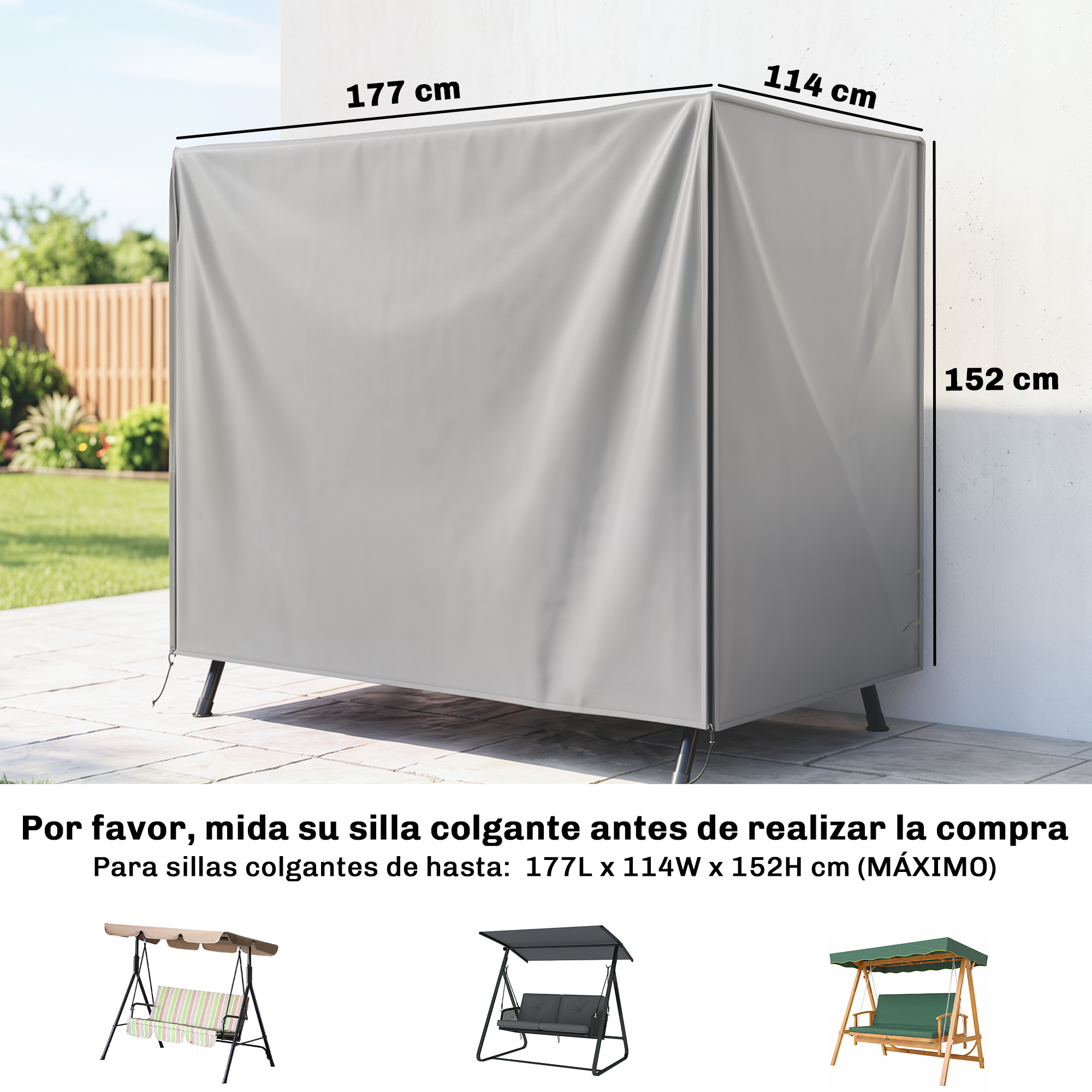Fundas grises para silla colgante en un patio con dimensiones 177x114x152 cm y tres ejemplos de columpios abajo.