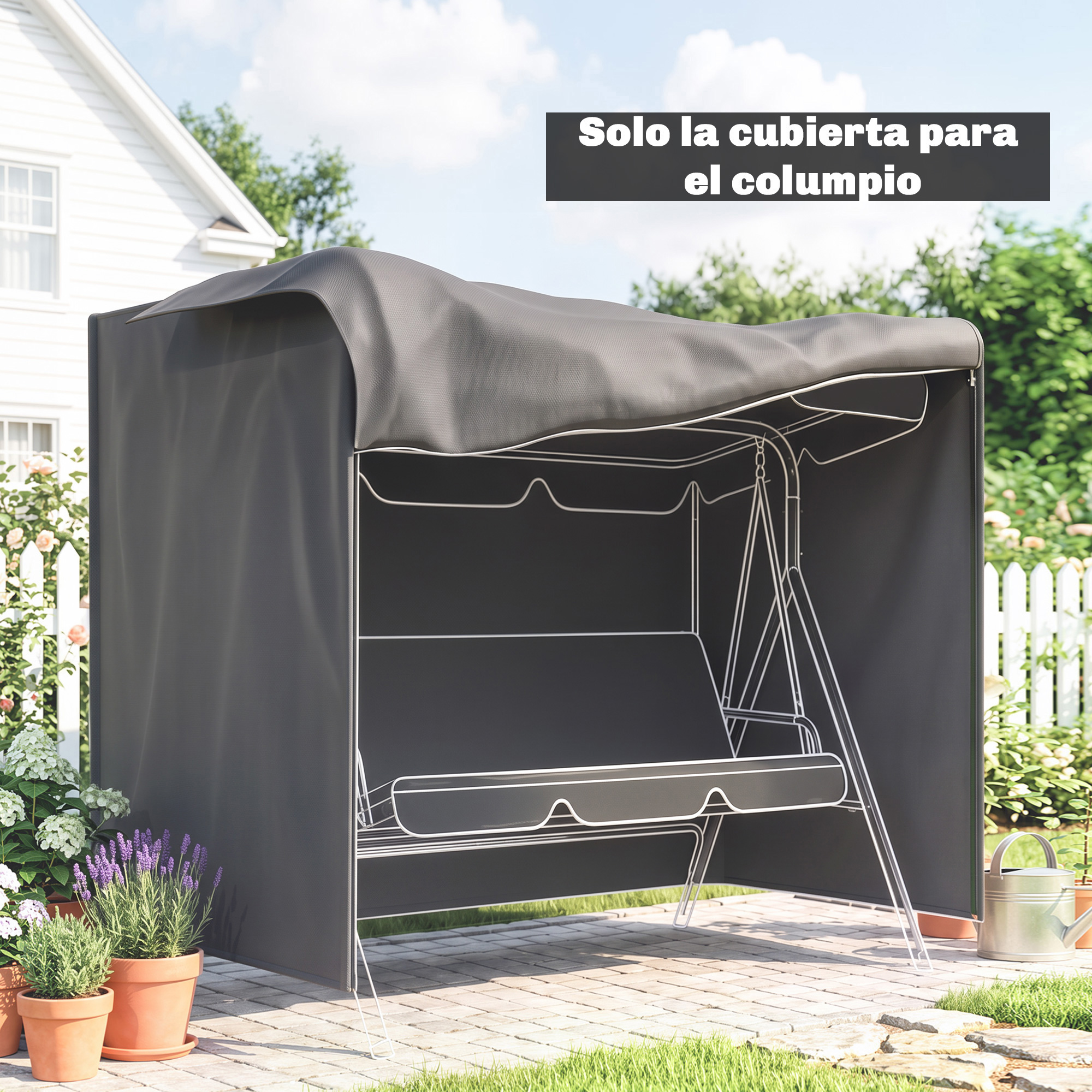 Una funda gris sobre un columpio de jardín con cerca blanca, macetas y una casa al fondo.