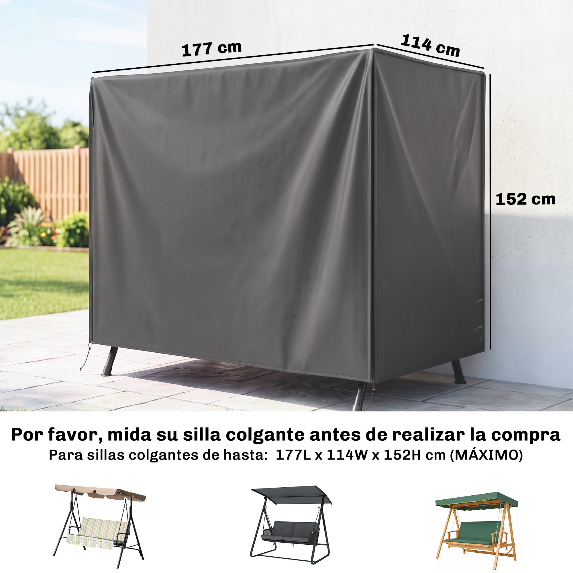 Fundas para columpio de jardín gris de 177x114x152 cm en terraza.