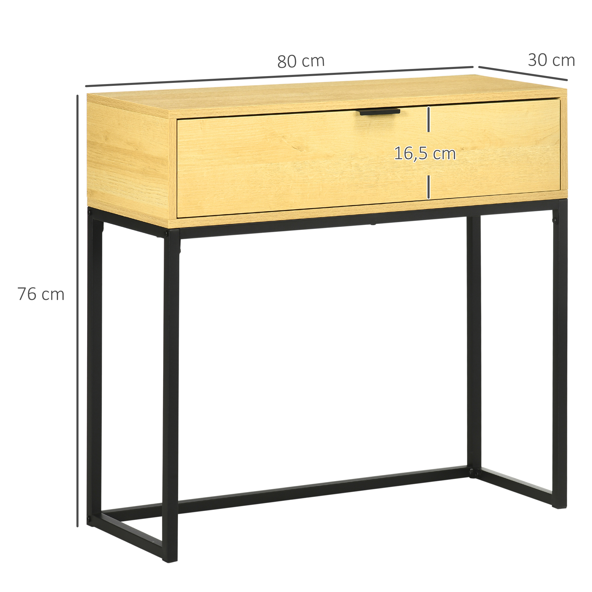 Consola de madera con un cajón y estructura de metal negro, de 80x30x76 cm.