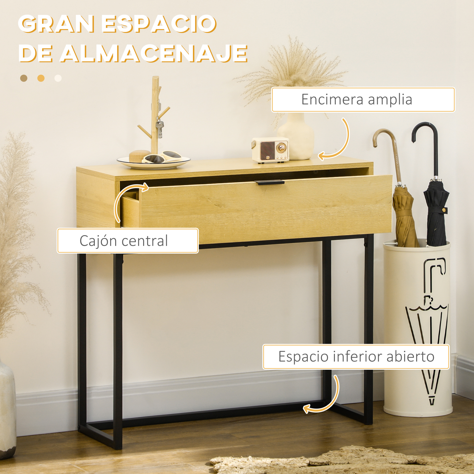 Mesa consola de madera con estructura metálica negra, cajón central, decoración y paragüero.