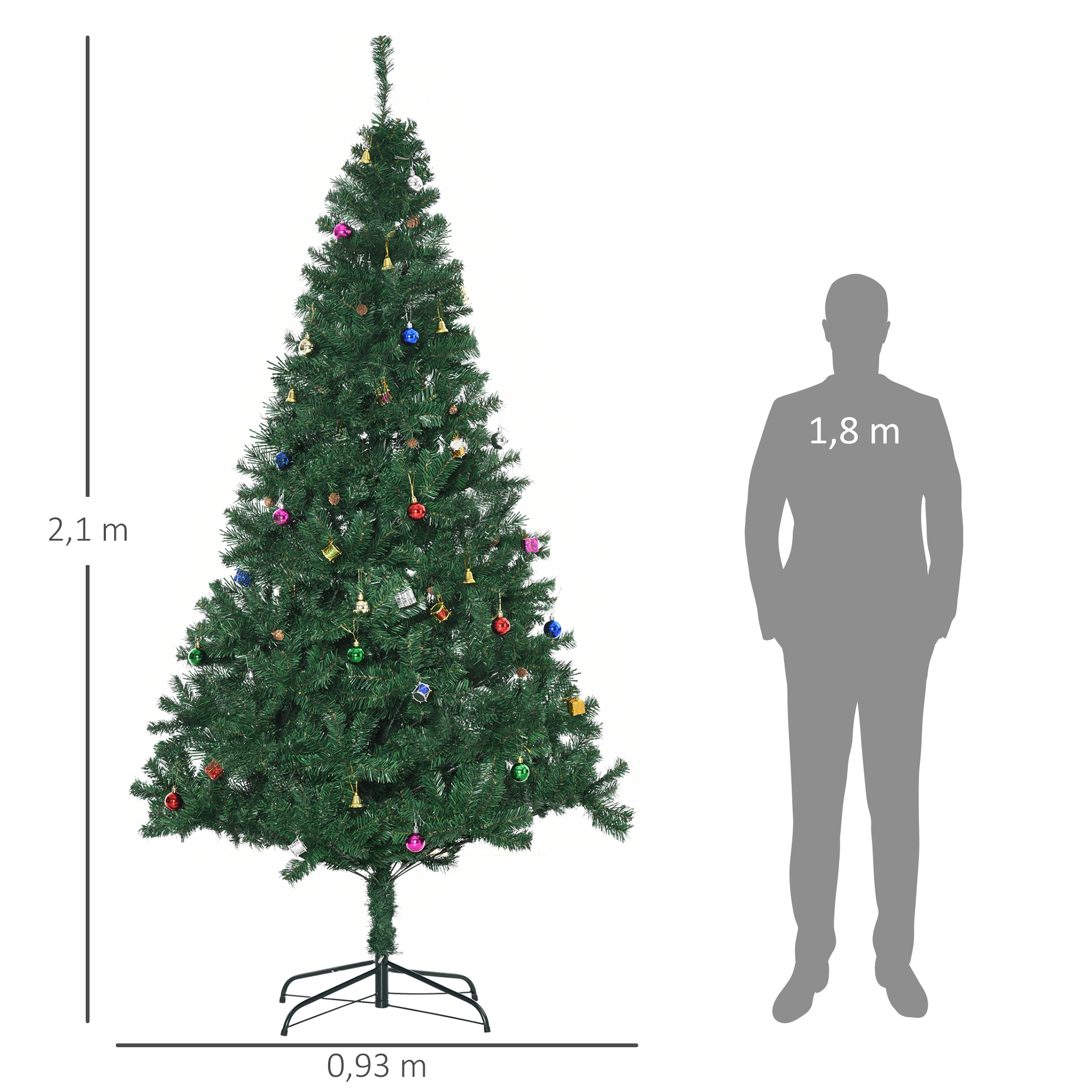 Un árbol de Navidad verde de 2,1 m con adornos de colores junto a una silueta humana de 1,8 m.