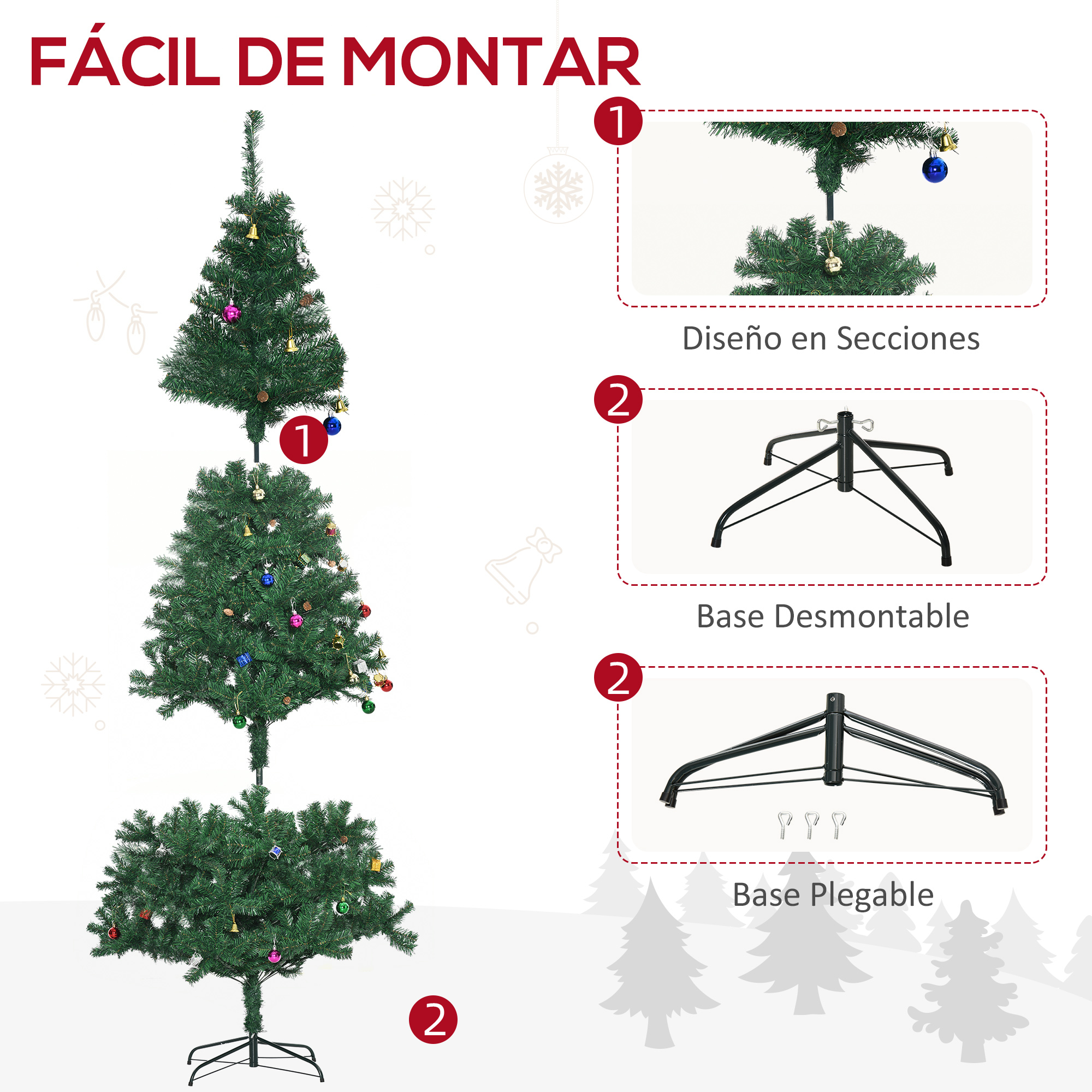 Fácil de montar: Árbol de navidad artificial en tres secciones con soporte de metal plegable y adornos incluidos.