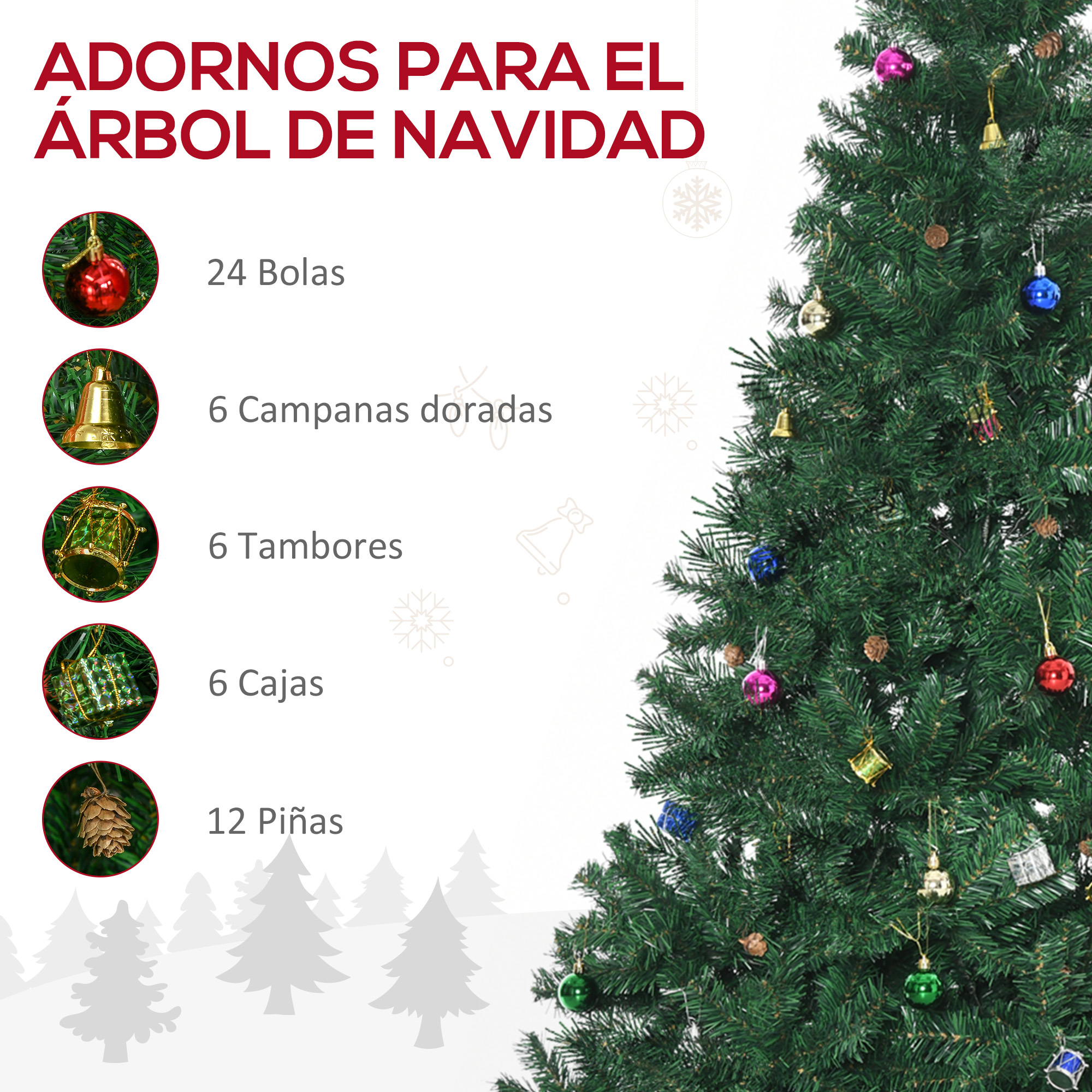 Un árbol de Navidad con decoraciones y una lista de adornos.