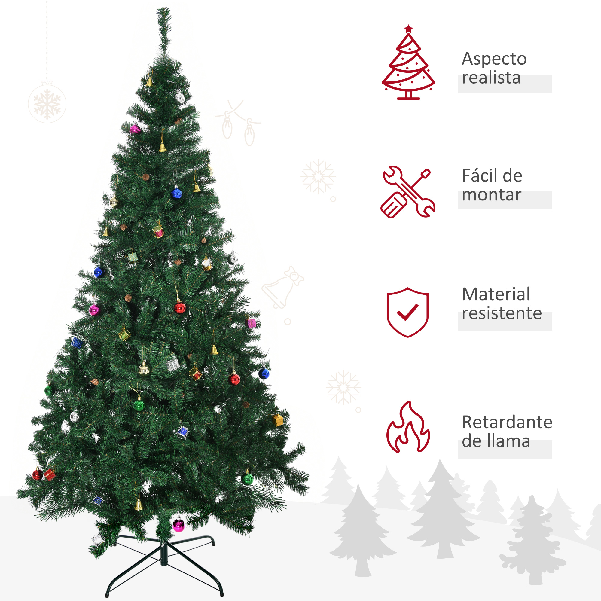 Un árbol de Navidad artificial decorado con cuatro iconos rojos a la derecha.