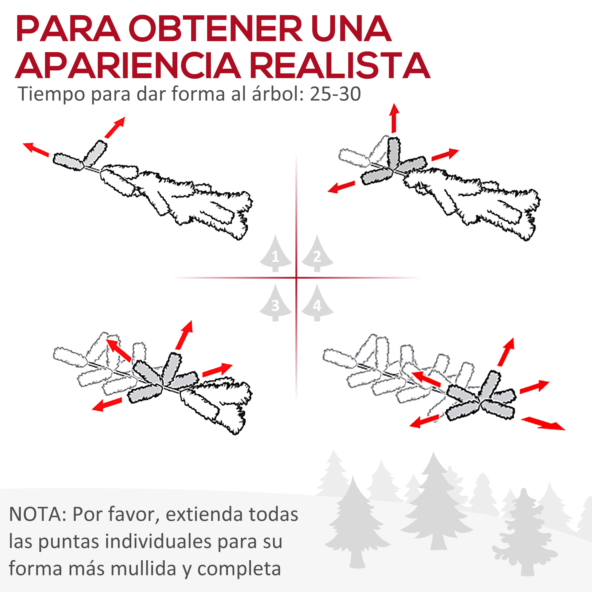 Diagramas instructivos que muestran los pasos para ahuecar las ramas de un árbol de Navidad con flechas rojas.