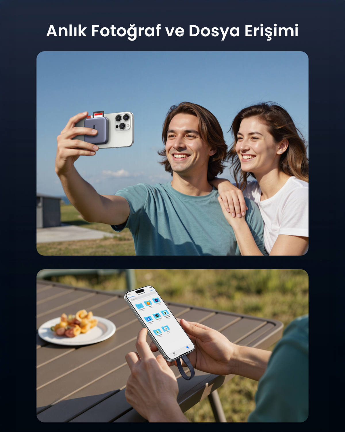 Una coppia che scatta selfie all'aperto con uno smartphone collegato a un lettore di schede.