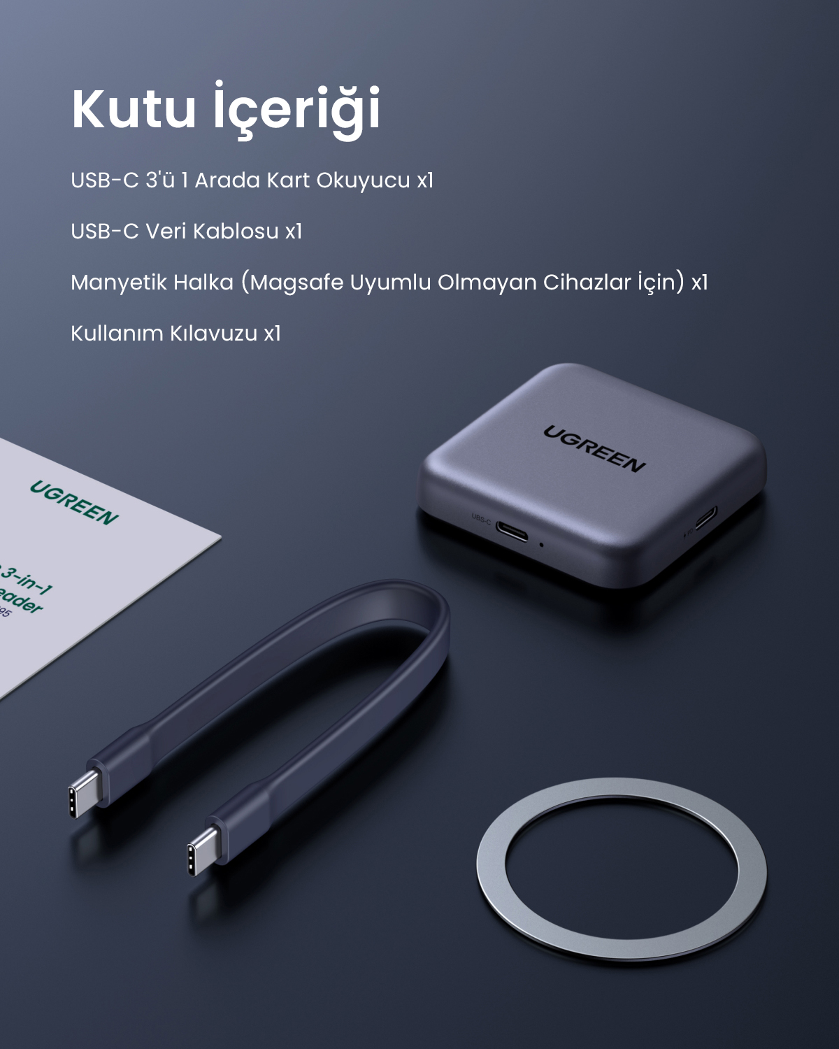 Contenuto della confezione: lettore 3 in 1 UGREEN, cavo USB-C, anello magnetico e manuale.