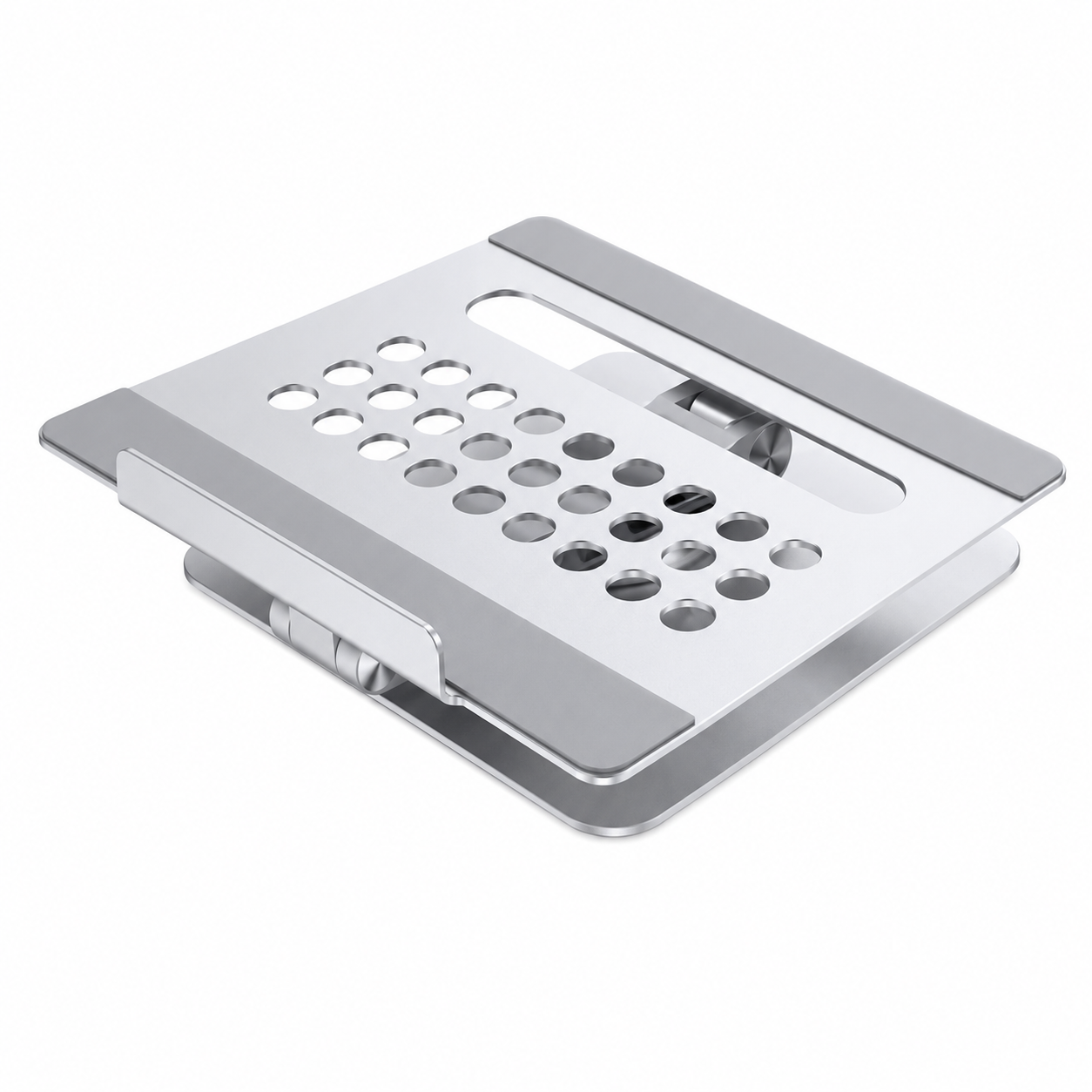 Beyaz arkaplanda havalandırma delikli ve gri silikon pedli gümüş renkli metal laptop standı.