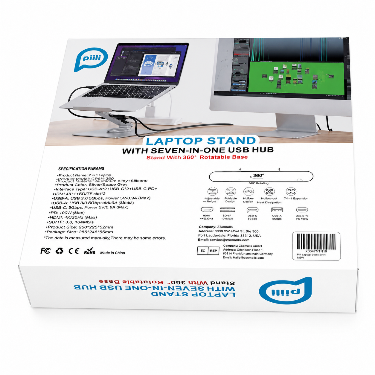 USB hub'lı laptop standı kutusu, teknik özellikleri, simgeleri ve kullanımda olan standın fotoğrafını gösterir.