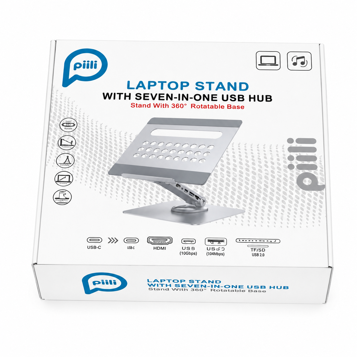 Beyaz arka planda yerleşik 7'si 1 arada USB hub içeren gümüş laptop standı ürün kutusu.