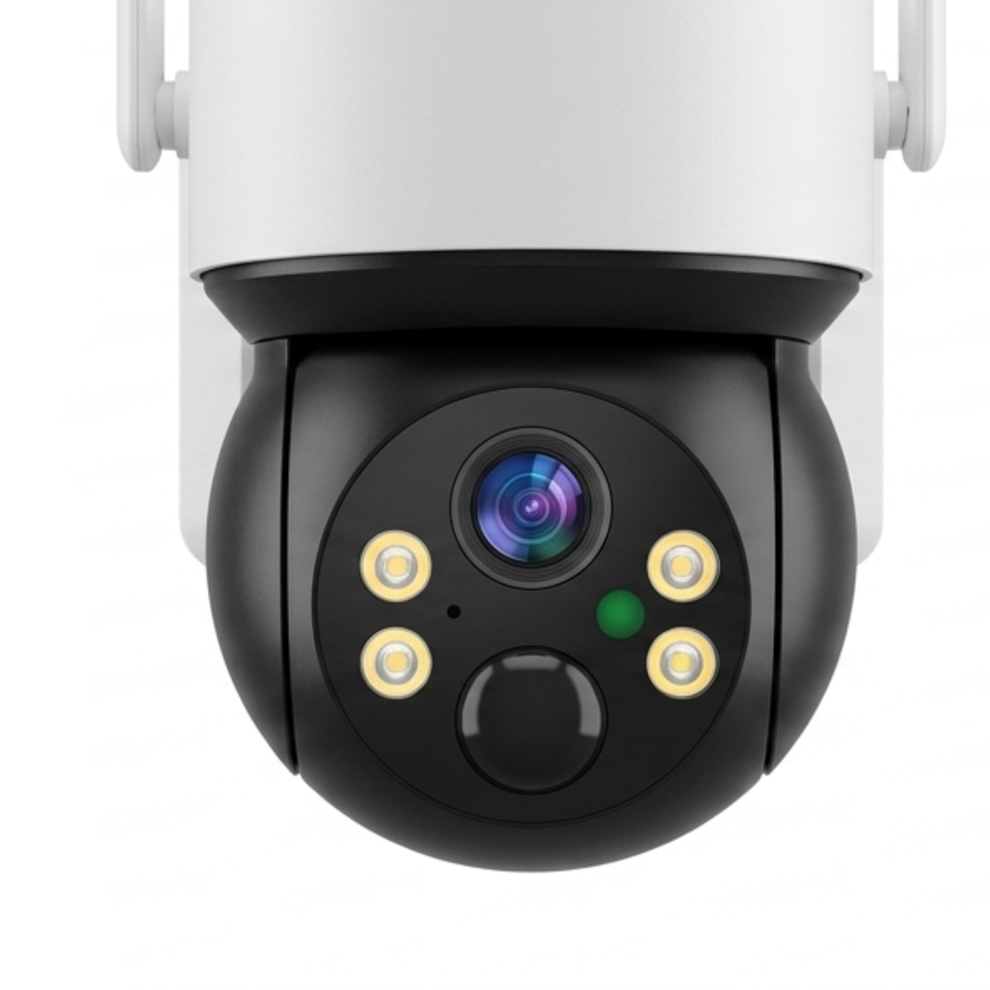 Cámara de seguridad blanca y negra con lente, cuatro LEDs y sensor infrarrojo.