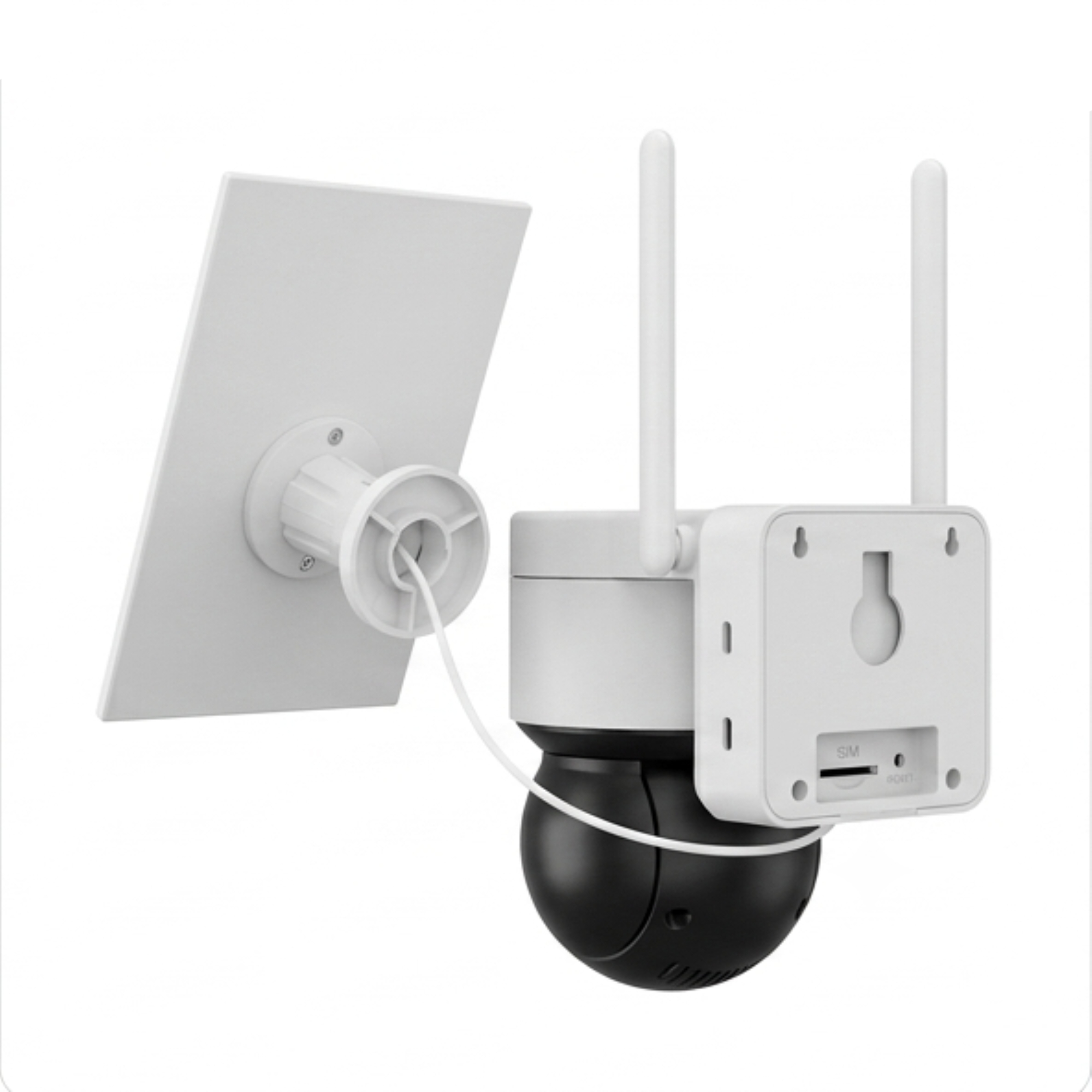 Una cámara de seguridad en blanco y negro con dos antenas, un soporte de montaje y un panel solar conectado.