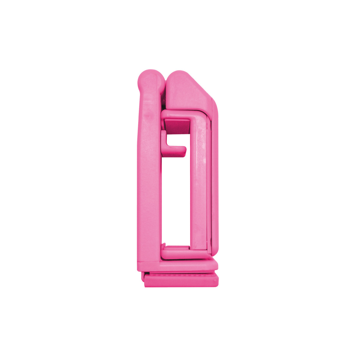 Un soporte de plástico rosa plegado sobre un fondo blanco.