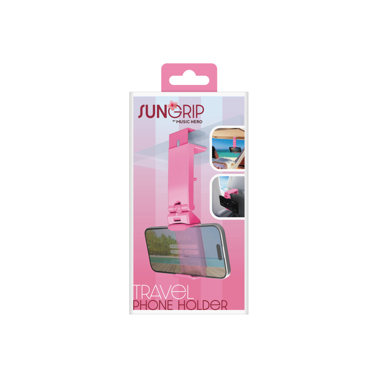 Soporte para teléfono de viaje Sungrip rosa en su empaque, con un teléfono sujeto y ejemplos de uso en asiento y parasol.