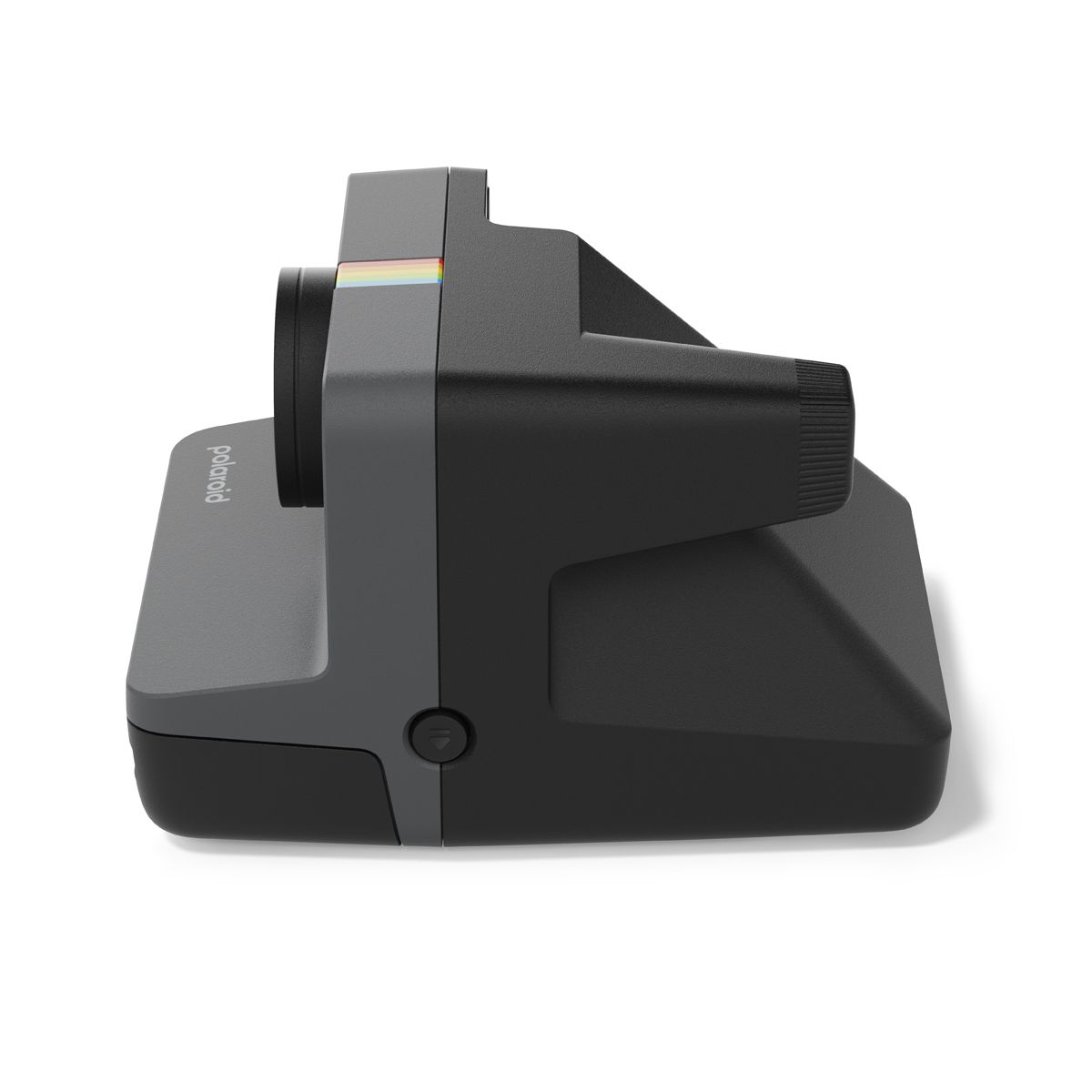 Seitenansicht einer modernen grauen und schwarzen Polaroid Sofortbildkamera auf weißem Hintergrund.