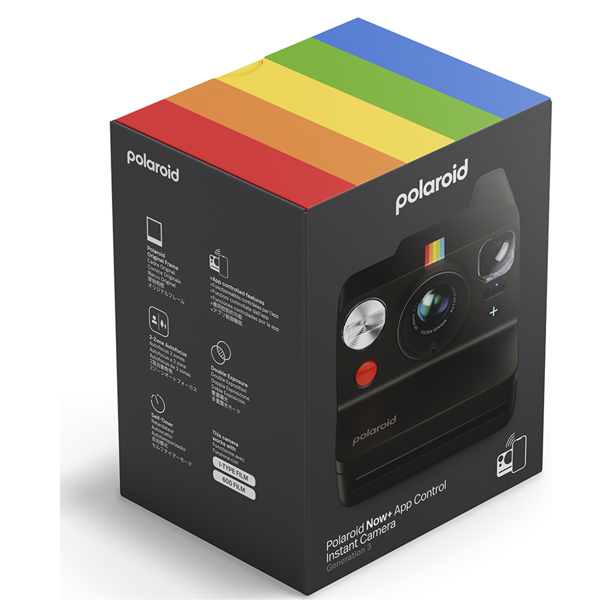 Schwarze Verpackung der Polaroid Now+ Sofortbildkamera mit bunten Regenbogenstreifen oben auf weißem Hintergrund.