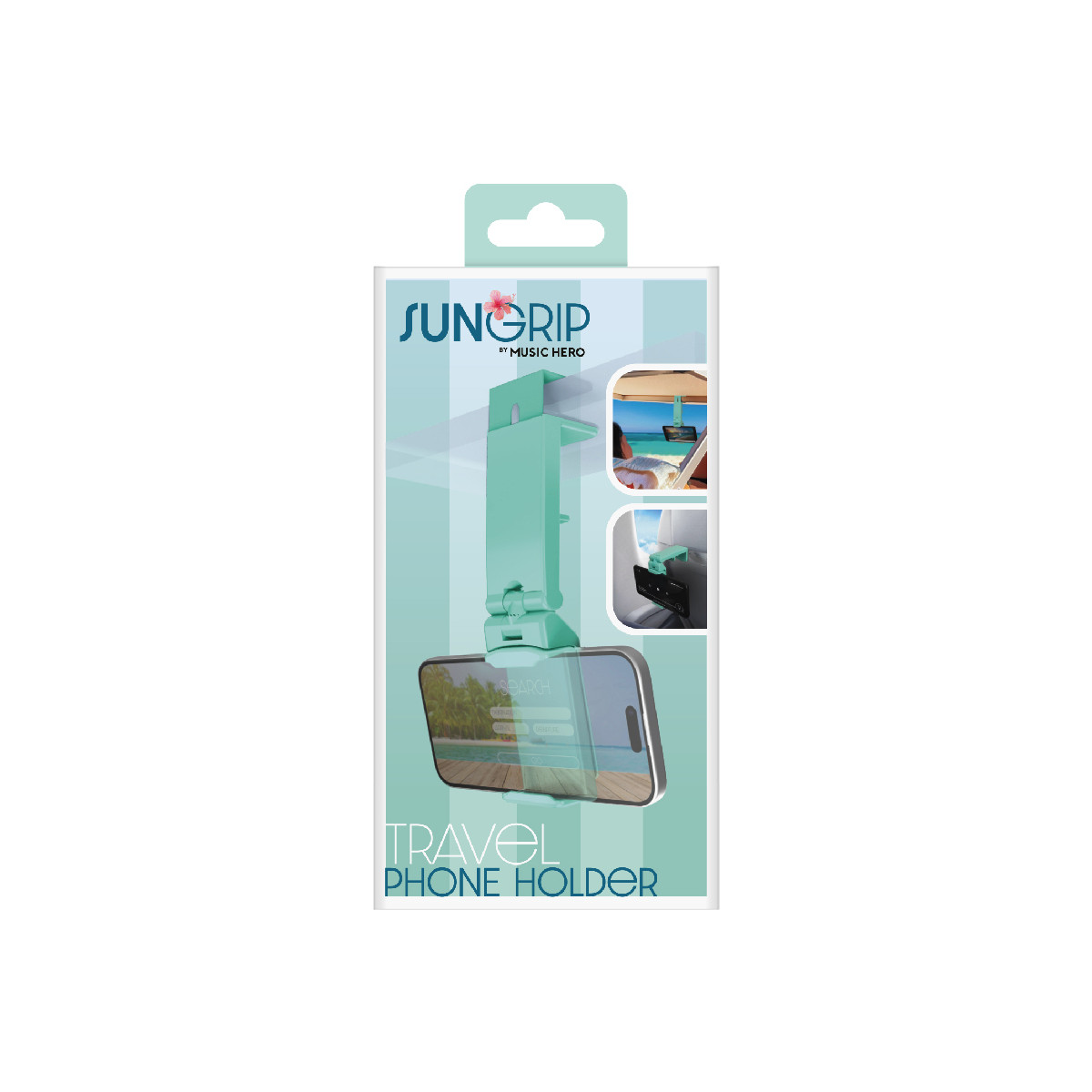 Embalaje de un soporte de teléfono de viaje Sungrip verde menta que sostiene un smartphone, con fotos de uso.