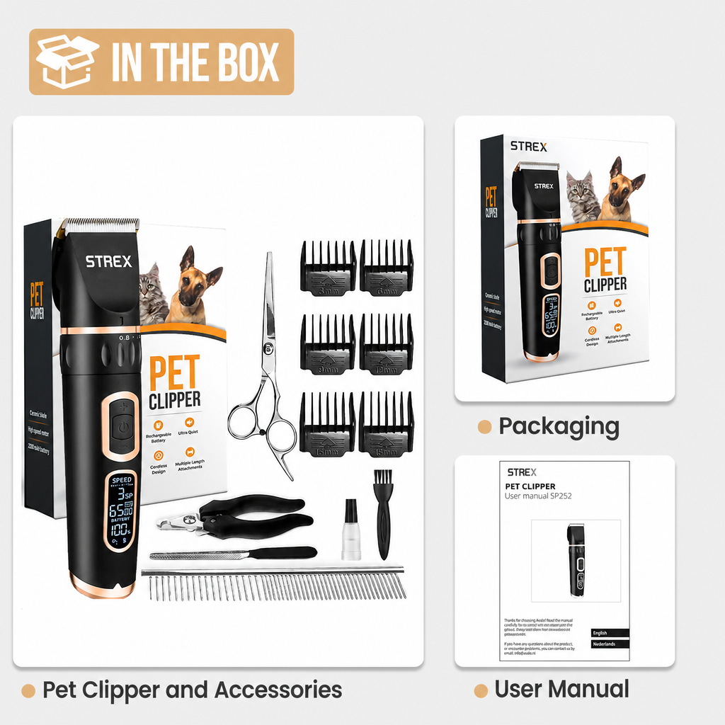 Strex pet clipper kit with accessories, box, and user manual on a light background.