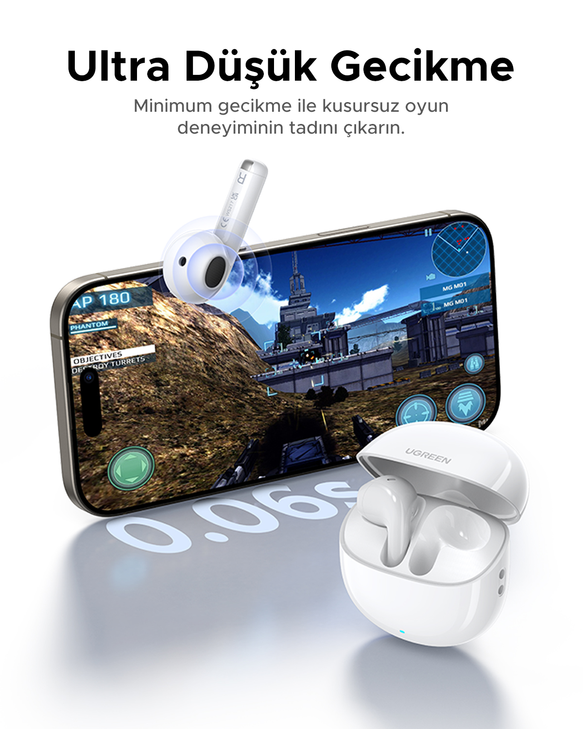 Smartfon z grą strategiczną oraz białe bezprzewodowe słuchawki Ugreen w etui ładującym.
