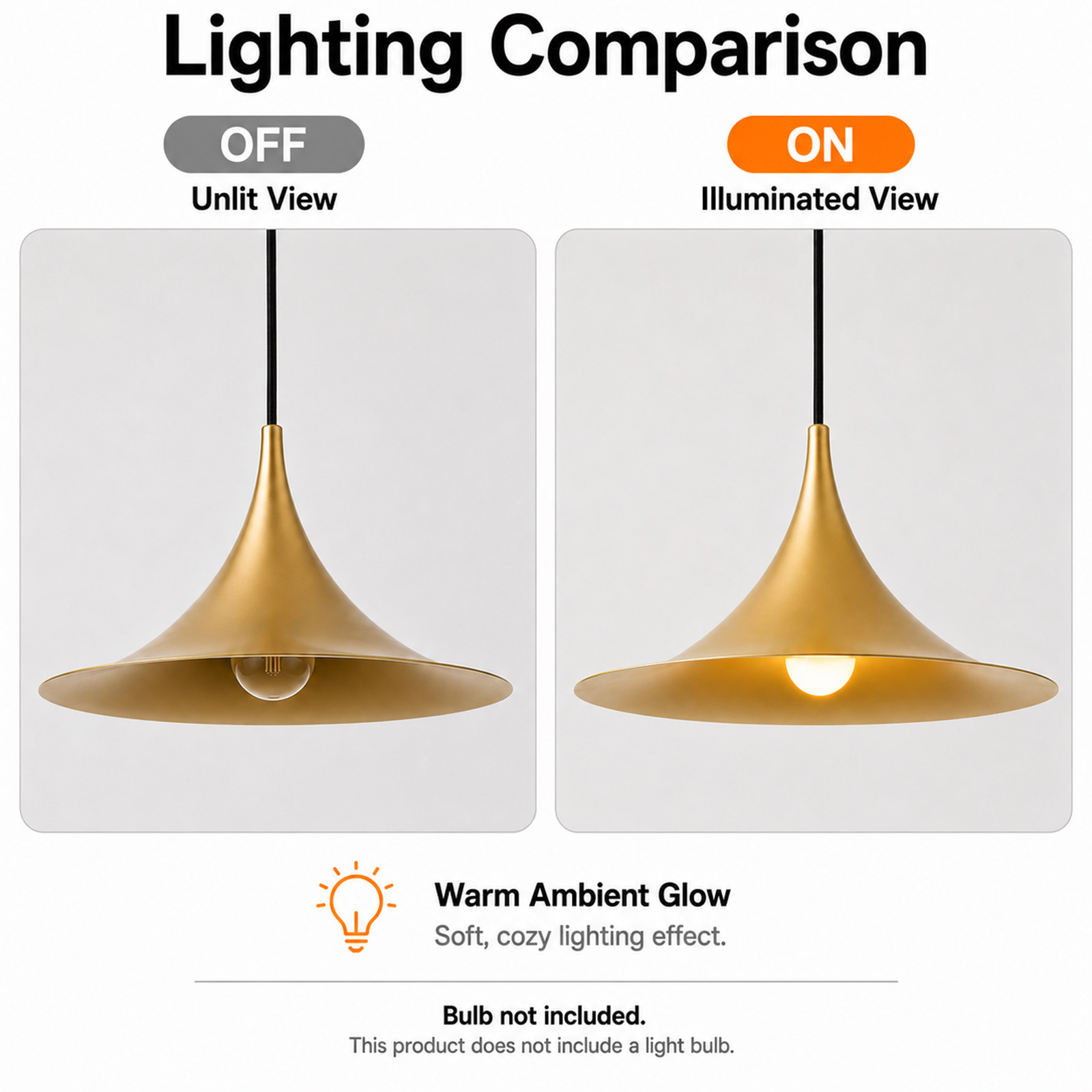 Comparación de una lámpara colgante dorada apagada y encendida con luz cálida.