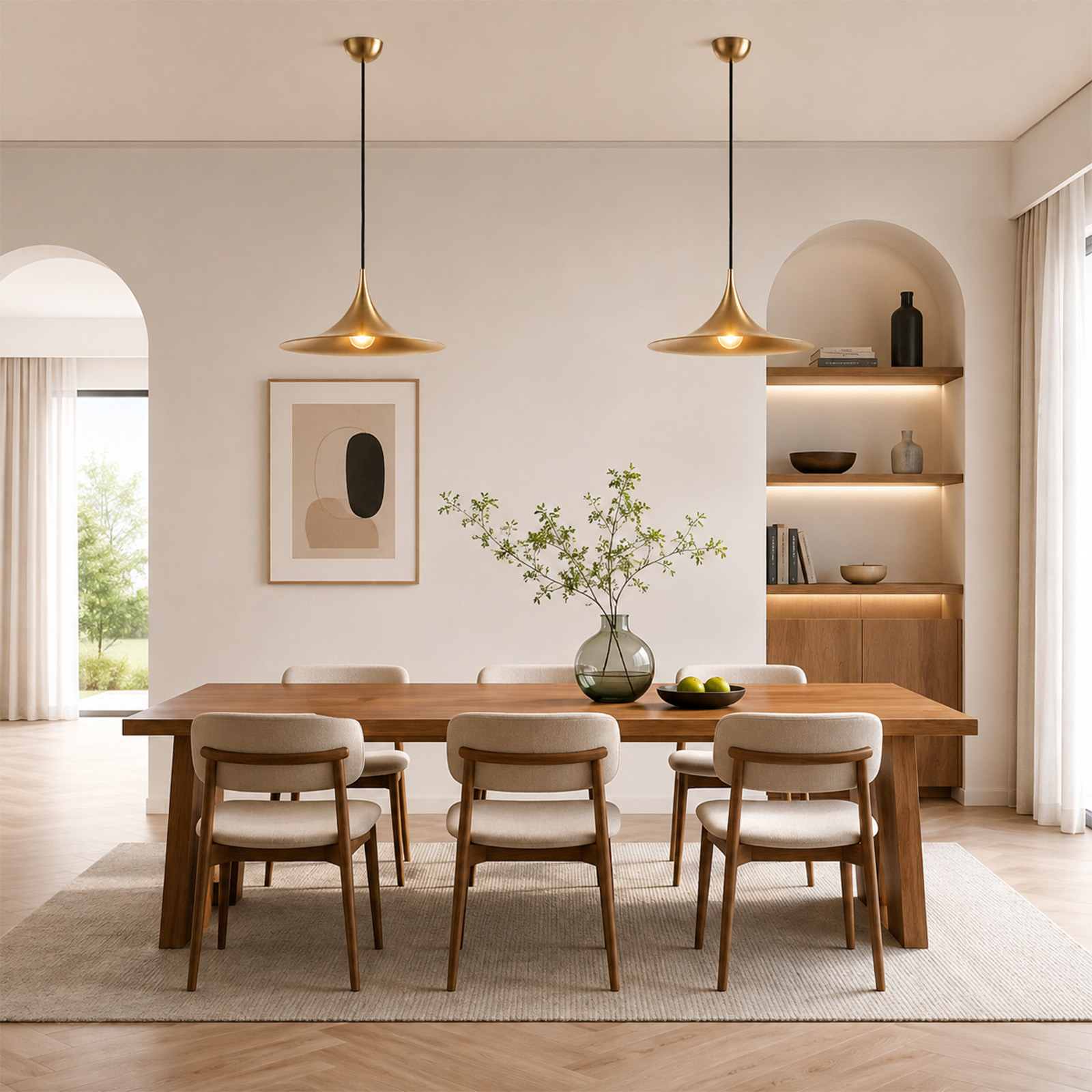 Un comedor luminoso con mesa de madera, sillas blancas, dos lámparas colgantes doradas y un cuadro enmarcado.