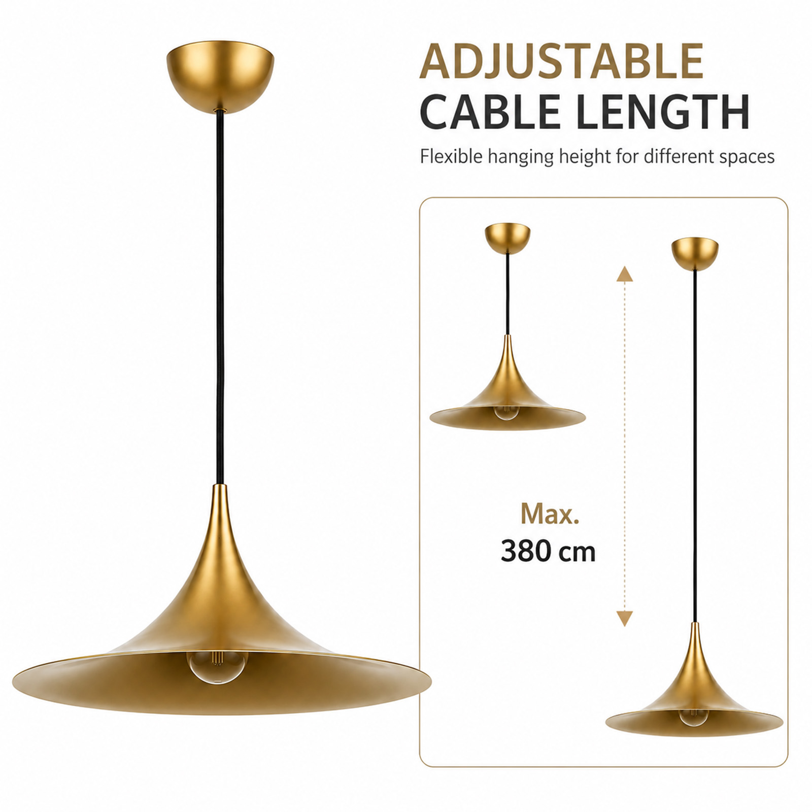 Lámpara colgante dorada con cable ajustable de hasta 380 cm.