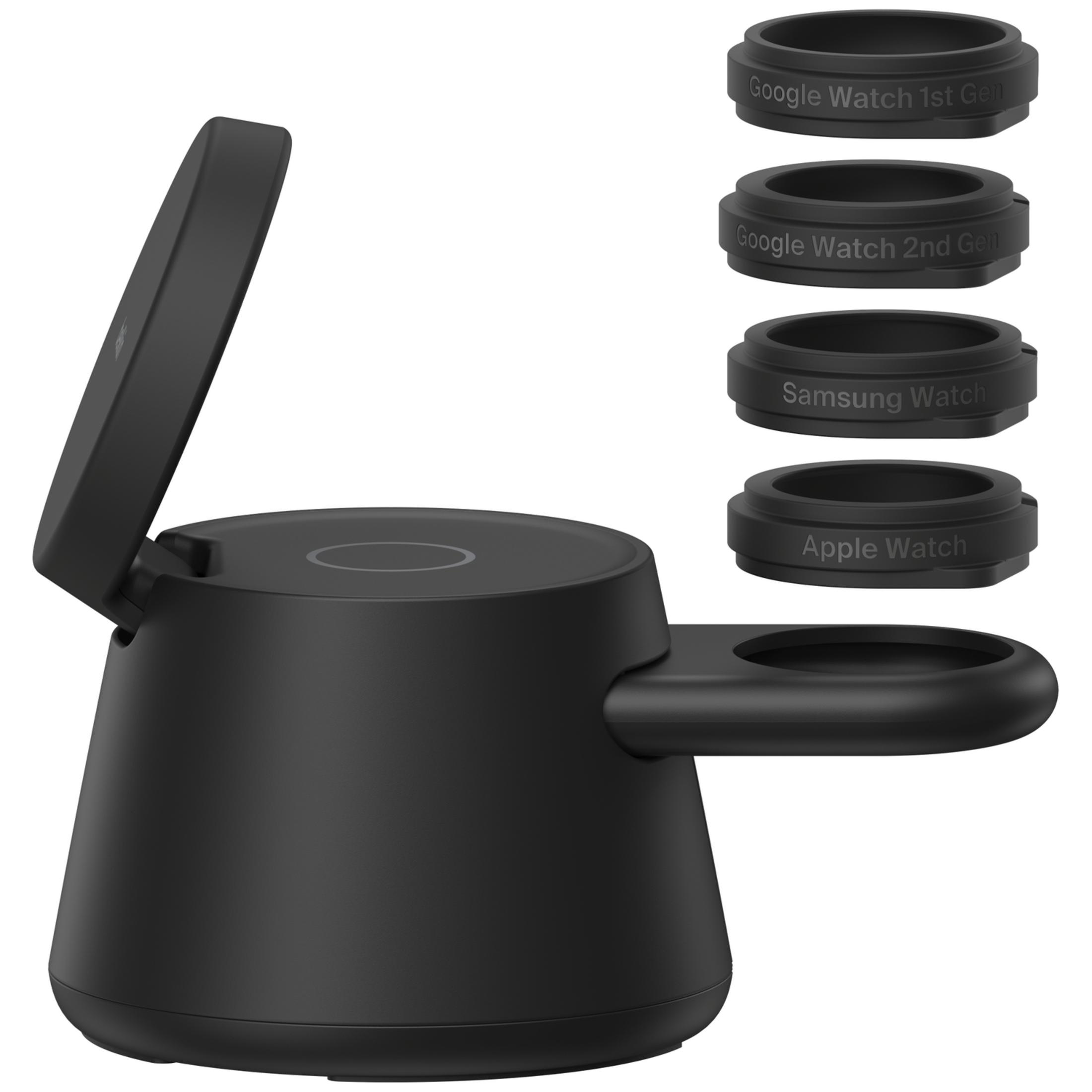 Una base di ricarica nera per smartwatch con quattro adattatori intercambiabili impilati.