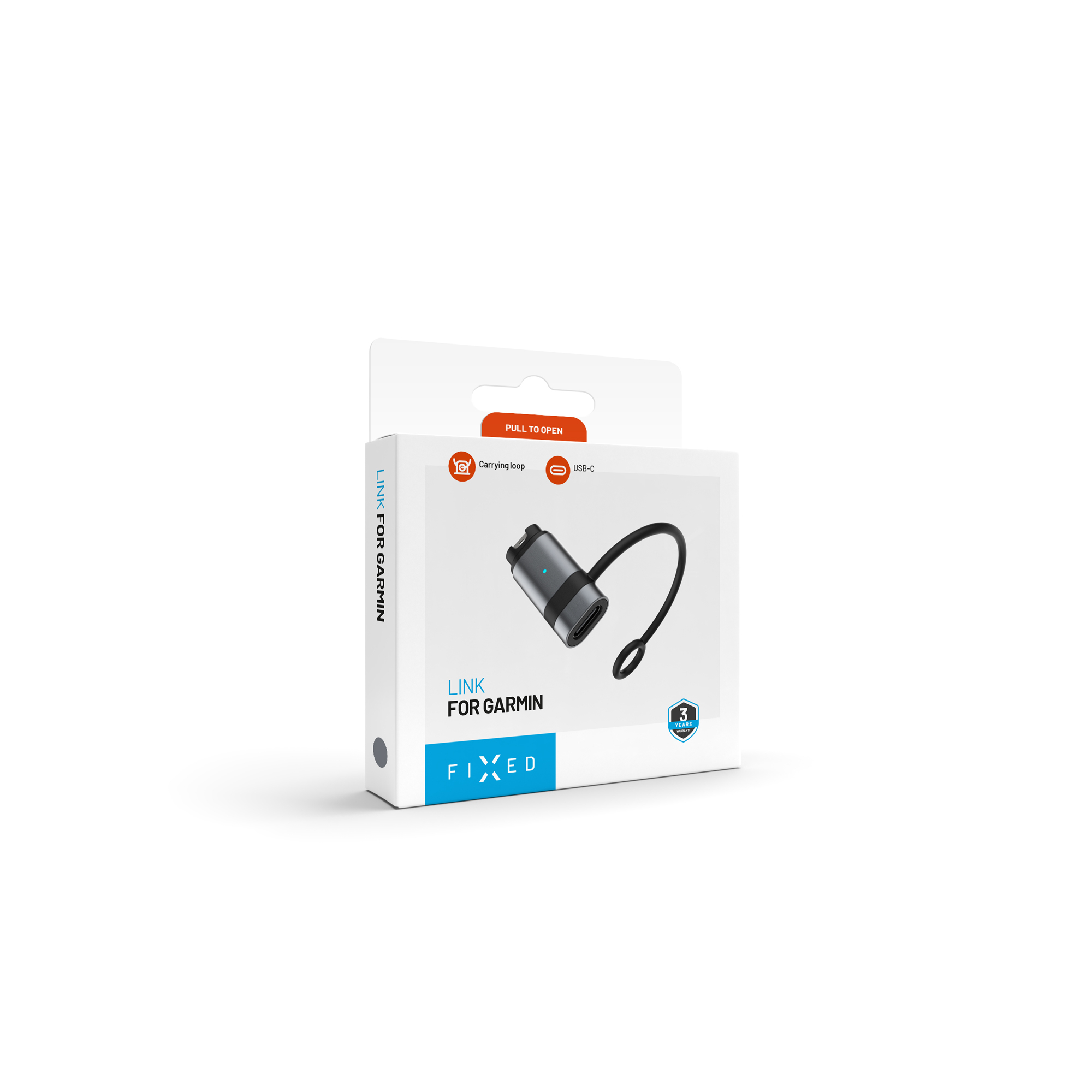 Eine weiße Produktverpackung für den Fixed Link für Garmin mit Abbildung des Adapters und einer Trageschlaufe.