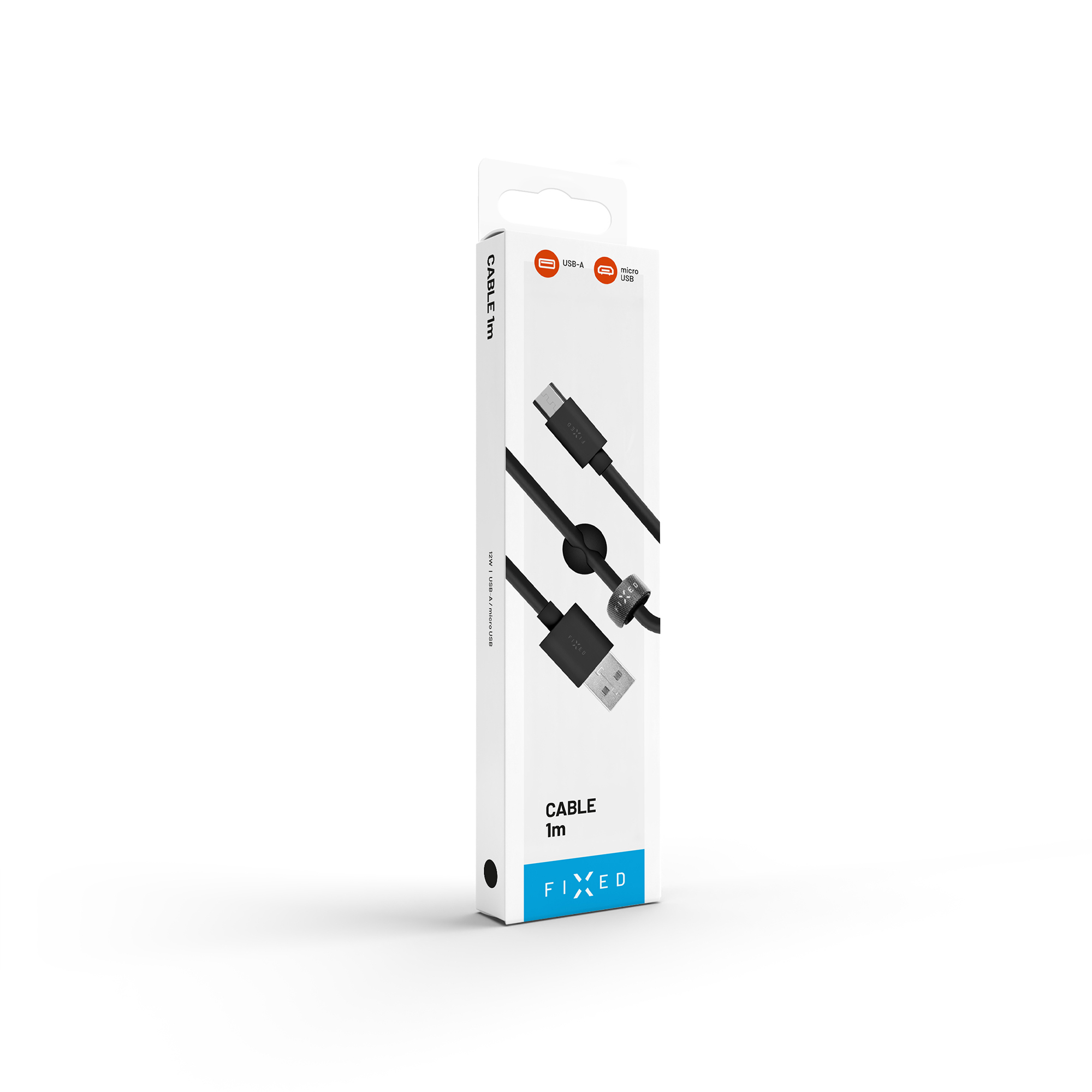 Eine weiße Produktverpackung für ein 1m langes FIXED USB-A auf Micro-USB Kabel mit schwarzem Kabel und Zubehör.