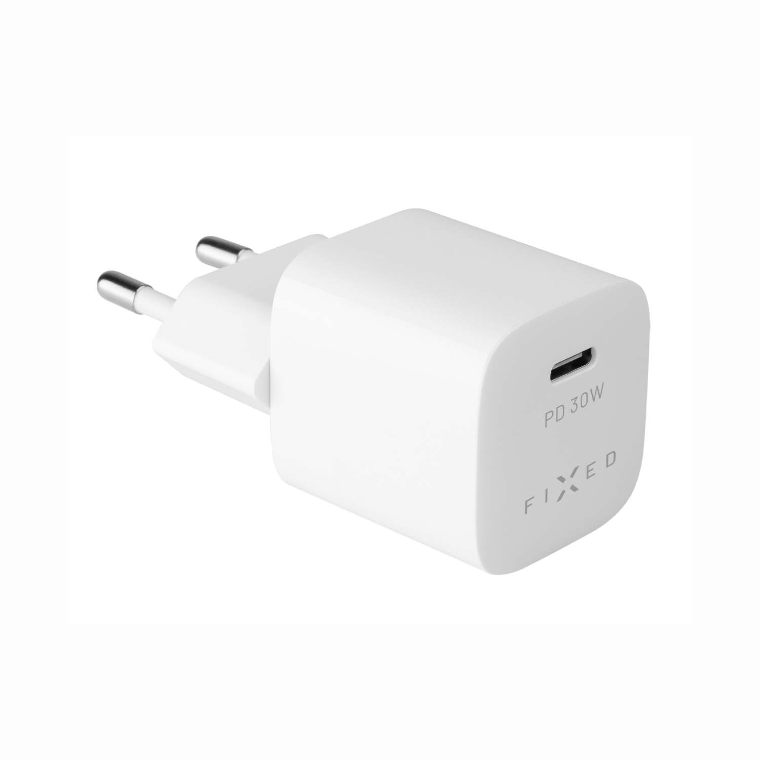 Ein weißes Fixed-Wandladegerät mit USB-C-Anschluss und PD 30W Text vor schlichtem Hintergrund.